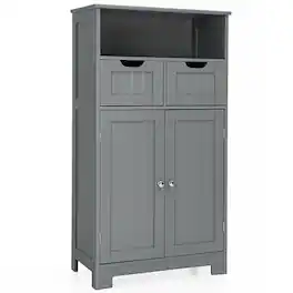 Gymax - Bathroom Floor Cabinet Wooden Storage Organizer w/Drawer Doors Grey - Gray