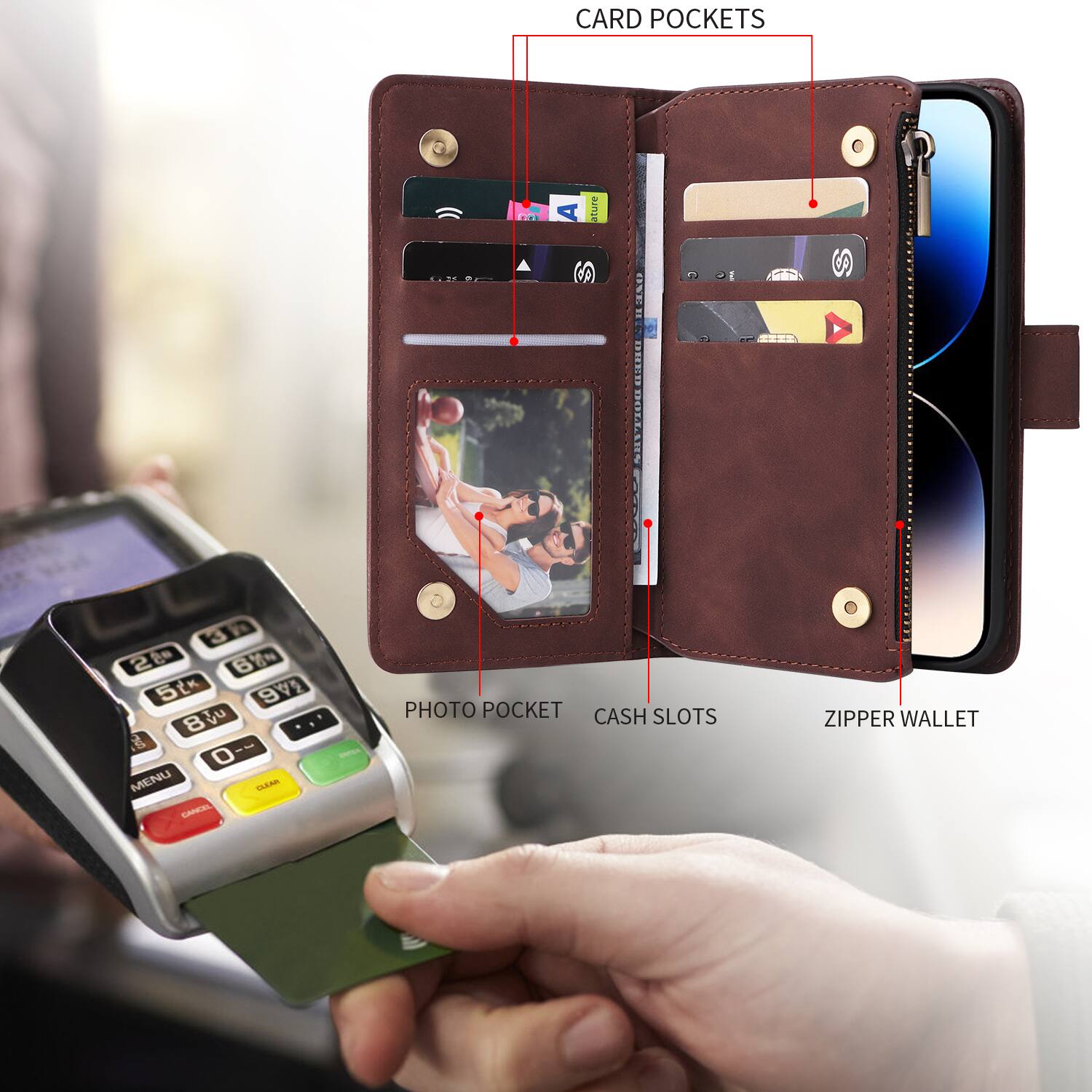 CARD POCKETS  
PHOTO POCKET  
CASH SLOTS  
ZIPPER WALLET