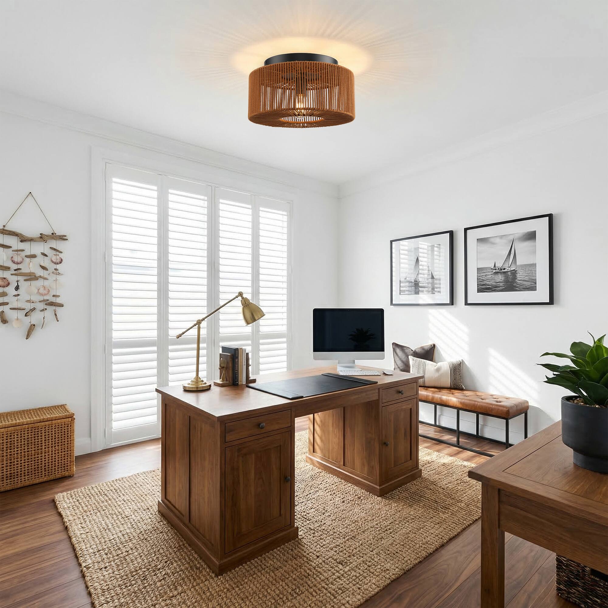 Back. Parrot Uncle - 14 in. 3-Light Brown Boho Handwoven Cotton shade Semi Flush Mount Ceiling Light - Brown.