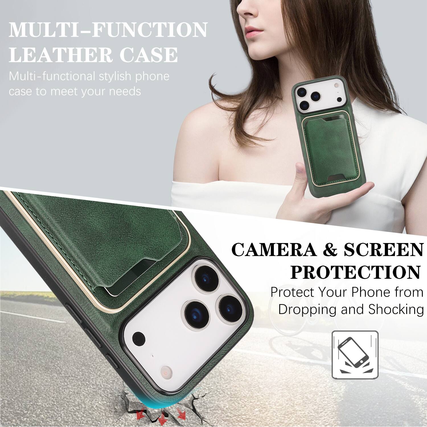 MULTI-FUNCTION LEATHER CASE  
Multi-functional stylish phone case to meet your needs  

CAMERA & SCREEN PROTECTION  
Protect Your Phone from Dropping and Shocking