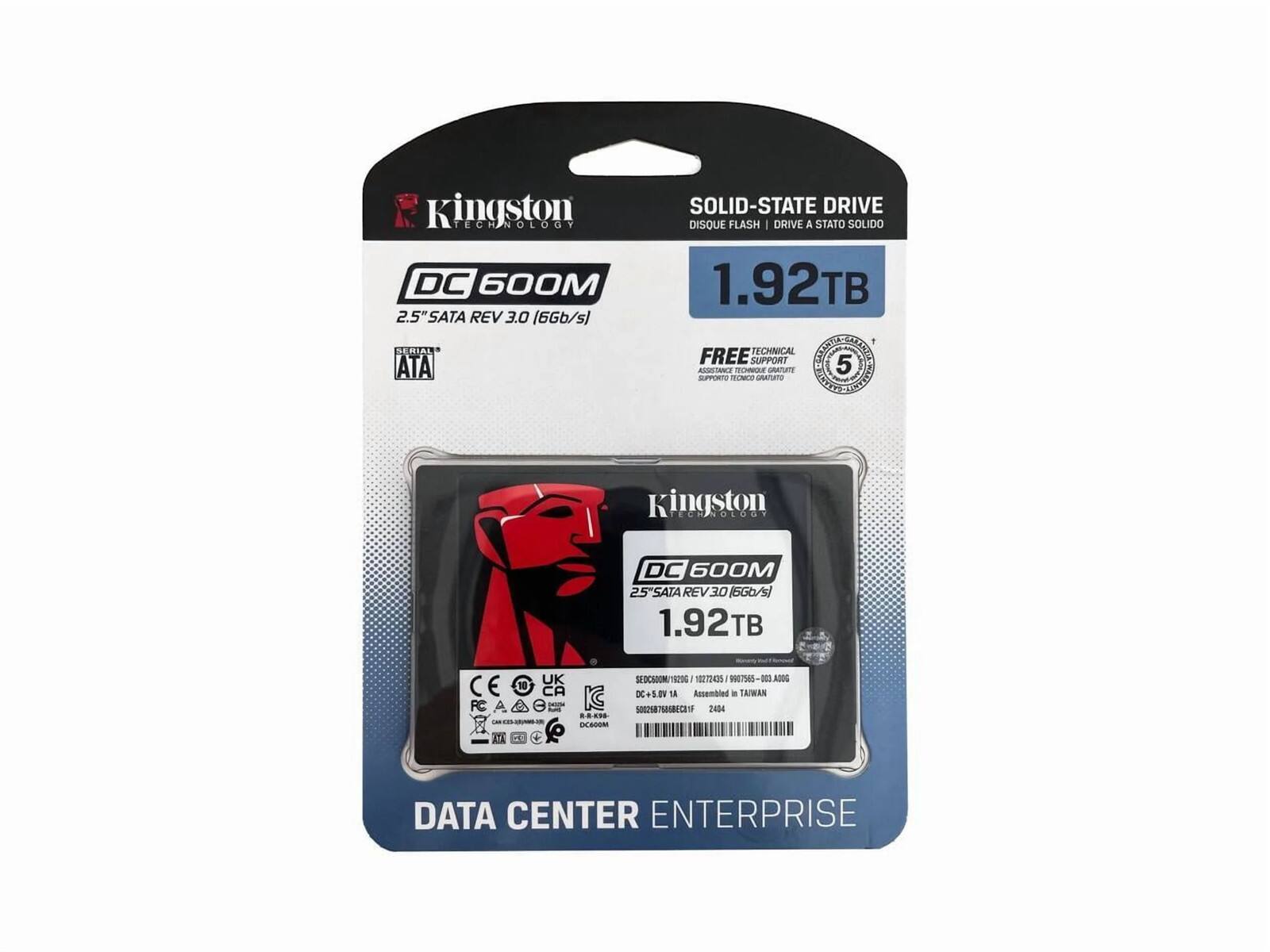 Kingston TECHNOLOGY DC 600M 2.5" SATA REV 3.0 (6Gb/s) SERIAL ATA SOLID-STATE DRIVE DISQUE FLASH DRIVE A STATO SOLIDO 1.92TB FREE SUPPORT TECHNICAL GALG 5 ASSLTAN GTaTe SUPPRTO N raO Kingston DOION DC 600M 25SATA REV 30 (6Gb/s) 1.92TB C E FC M 10 UK CA IC ..... - & noERCRIOM/T0L T 1 W7565-00 ADDG V0.2+30 D 1 Assembled . TAIWAN S0SBECO 2404 DATA CENTER ENTERPRISE