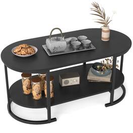 Costway - Oval Coffee Table with Metal Support Legs for Apartment Office Reception - Black