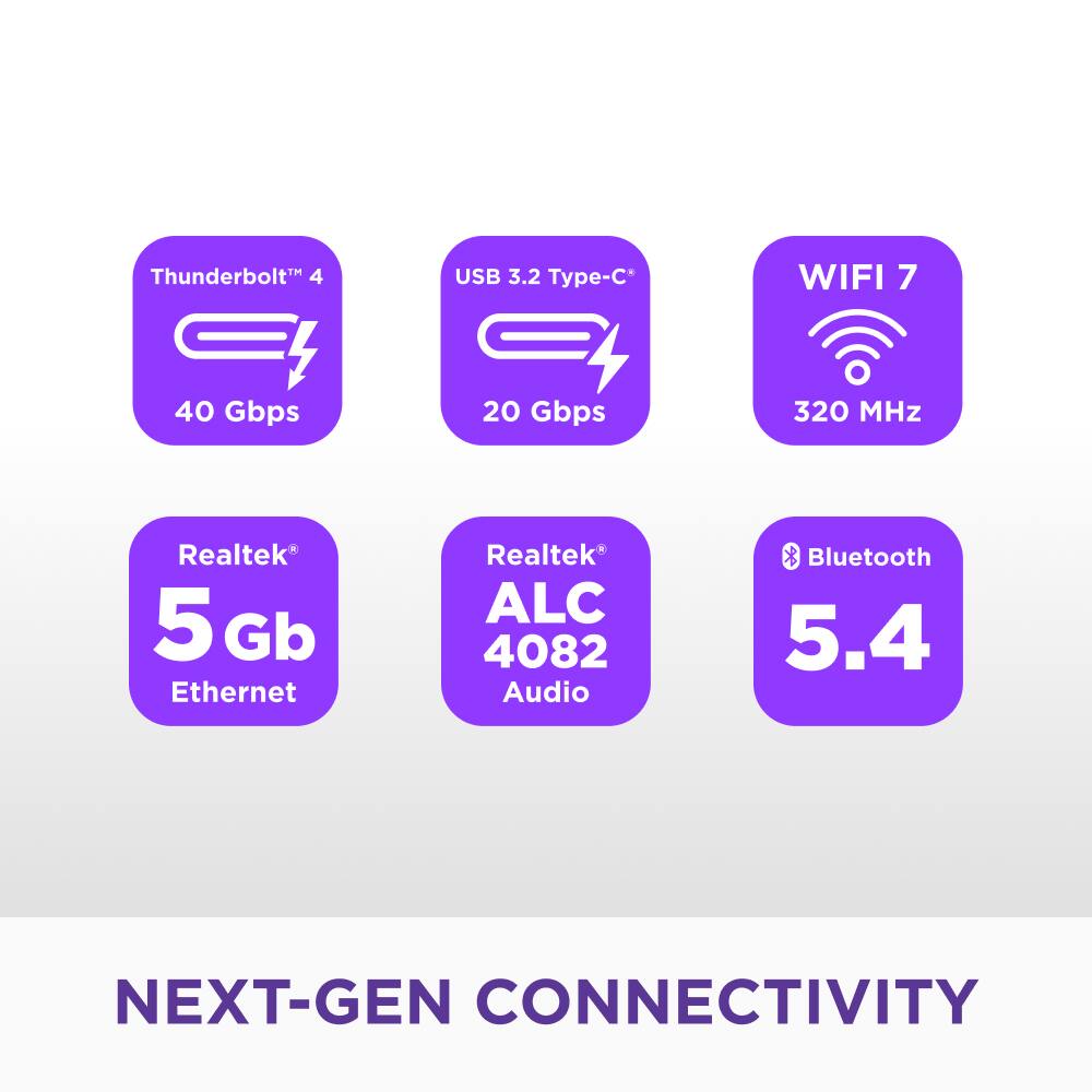 Next-Gen Connectivity:

1. Thunderbolt 4 USB 3.2 Type-C: 40 Gbps
2. WiFi 7: 320 MHz
3. Realtek: 5 Gb Ethernet
4. Realtek ALC 4082: Audio & Bluetooth 5.4
5. 5 Gbps Ethernet
6. 20 Gbps
7. 320 MHz
8. 40 Gbps