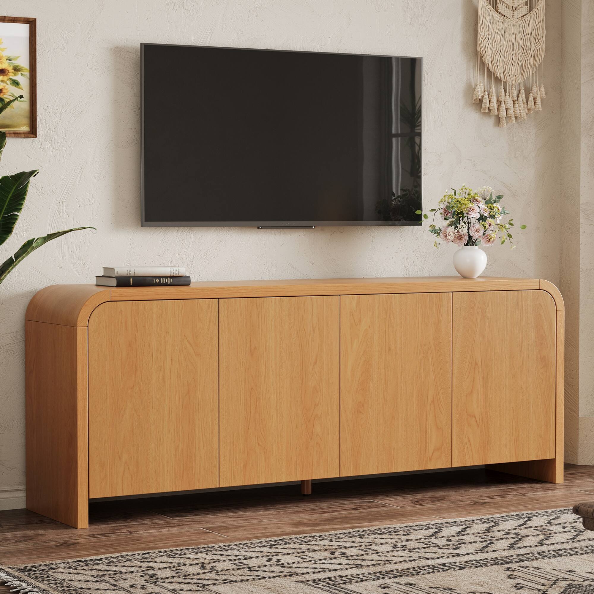 Left. Whisen - Curved Edge TV Stand for TVs up to 70" with Push-to-Open Cabinets,Adjustable Shelves and Cable Management - Natural.