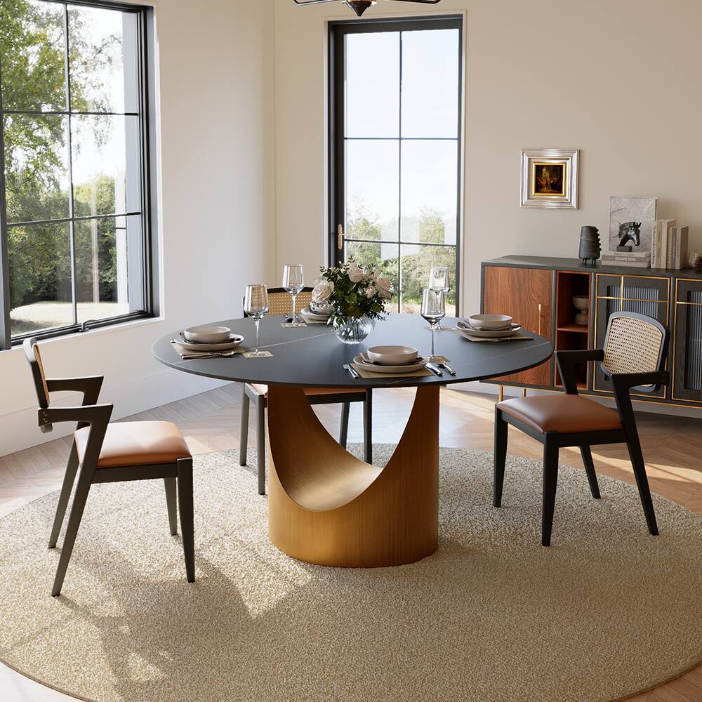 Alt View 9. POVISON - 51" Round Black Matte Sintered Stone Dining Table with Bronze U-shaped Steel Base - Black Matte Sintered Stone with Bronze Steel Base.