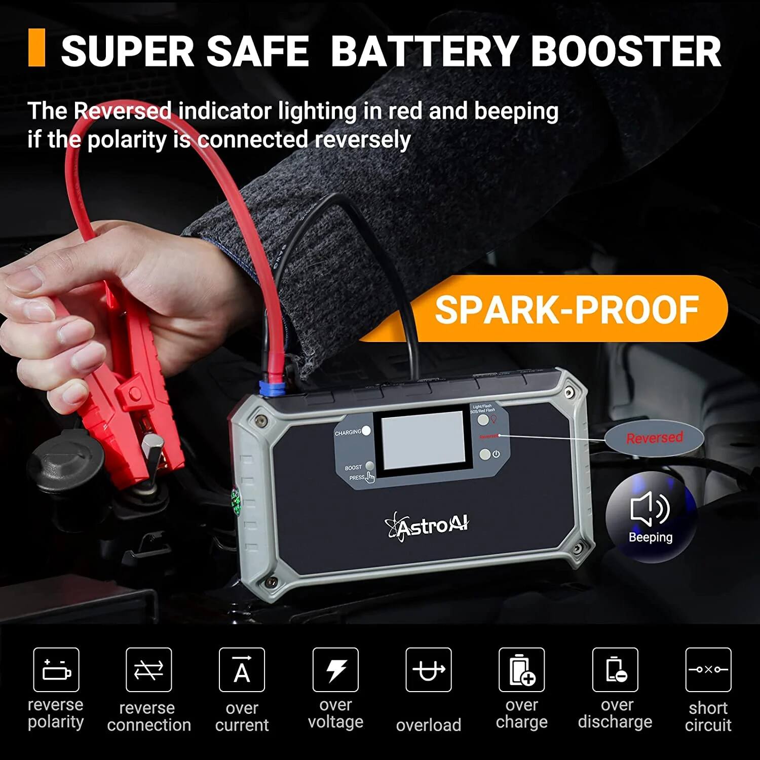 SUPER SAFE BATTERY BOOSTER

The Reversed indicator lighting in red and beeping if the polarity is connected reversely

SPARK-PROOF

- reverse polarity
- reverse connection
- over current
- over voltage
- overload
- over charge
- over discharge
- short circuit