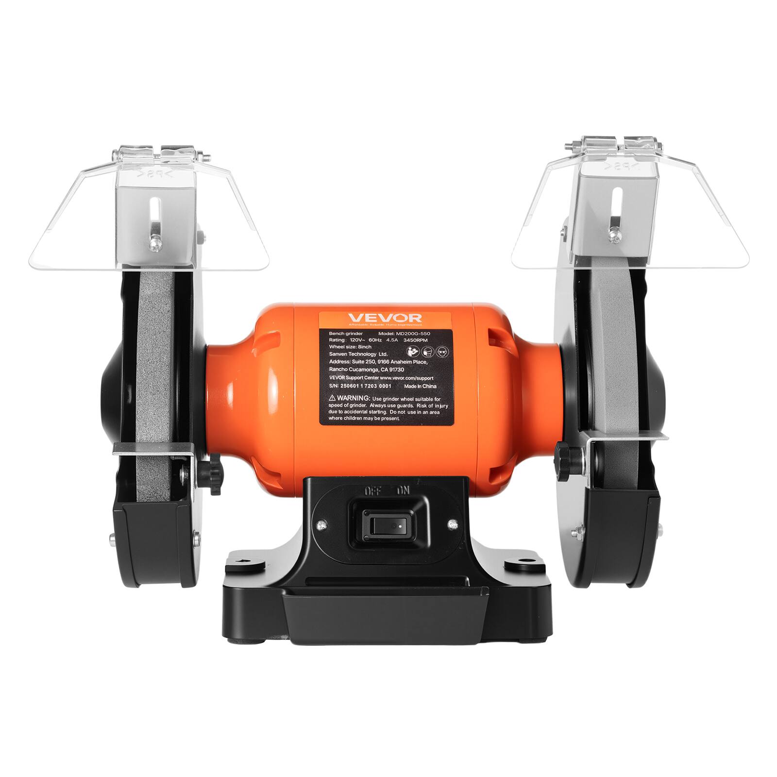 PS<
VEVOR
Bench grinder Model MCOOOG-550 Rating 110V-220V 4.5A SECTION Wheel size: 150x12x1.5" Made in China
Address: Suite 250 Prairie Avenue, Rancho Cucamonga, CA 91730
VEVOR Support Center www.vevor.com/support SAC 250601 7203 0001
WARNING: Use grinder wheel suitable for speed of grinder. Always use guards. Risk of injury due to accidental starting. Do not use where children may be present.
