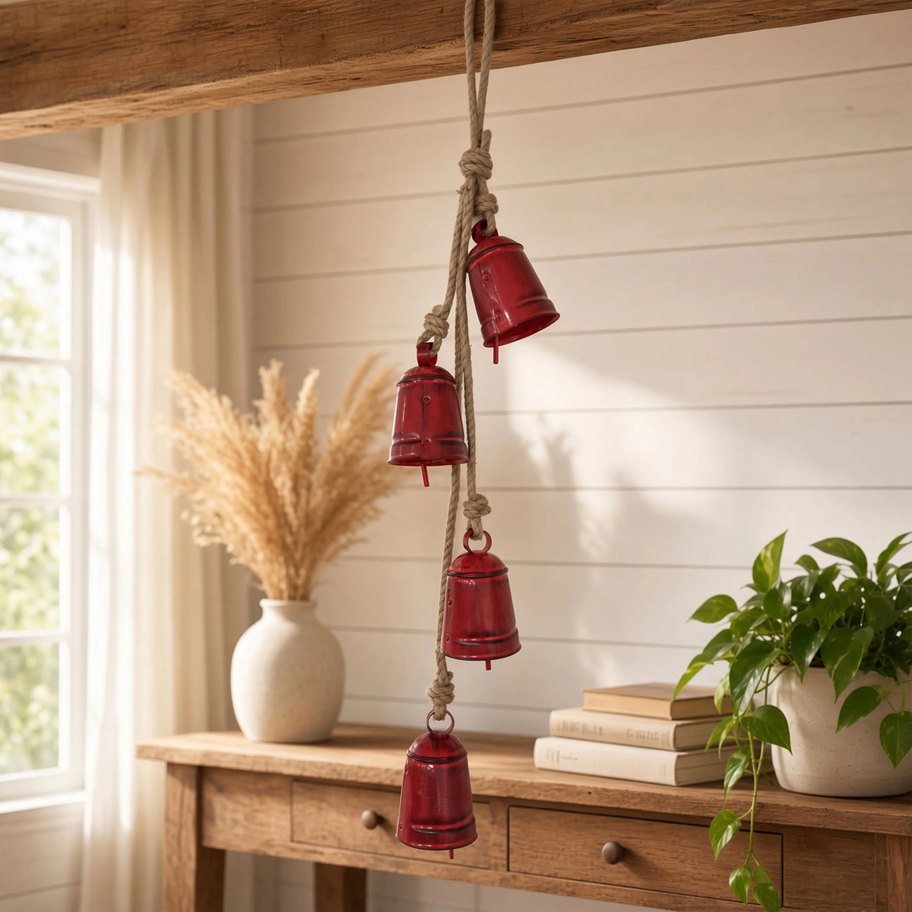 Alt View 6. Manhattan Lane - 27 Inch Decorative Wind Chime, 4 Cascading Cow Bells, Jute Rope, Boho Rustic Style - Antique Red, Natural Brown.