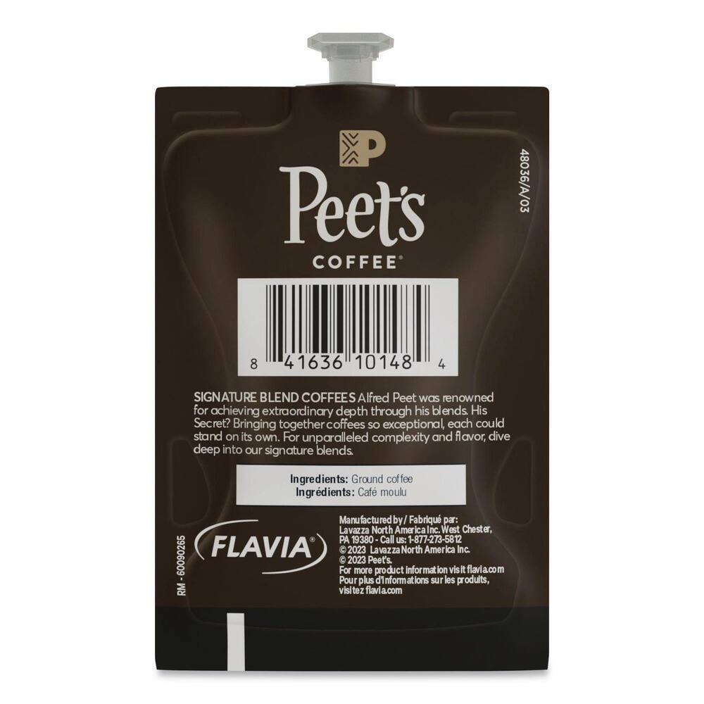 Peet's COFFEE  
48036/A/03  
8 41636 10148 4  

SIGNATURE BLEND COFFEES  
Alfred Peet was renowned for achieving extraordinary depth through his blends. His Secret? Bringing together coffees so exceptional, each could stand on its own. For unparalleled complexity and flavor, dive deep into our signature blends.  

Ingredients: Ground coffee  
Ingredients: Café moulu  

Manufactured by/ Fabriqué par: Lavazza North America Inc.  
West Chester, PA 19380  
Call us: 1-877-273-5812  
60090265  

FLAVIA  
2023 Lavazza North America Inc.  
2023 Peet's  

For more product information visit flavia.com  
Pour plus d'informations sur les produits, visitez flavia.com