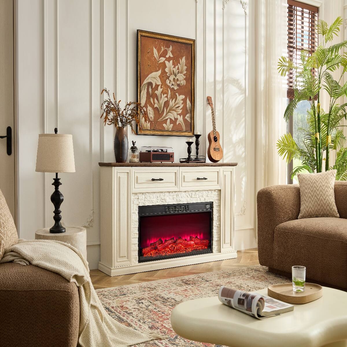 Alt View 4. Loheer - Loheer 70 Inch Fireplace TV Stand for 80 Inch TV, White Farmhouse Entertainment Center with 42 Inch Electric Heater - White.