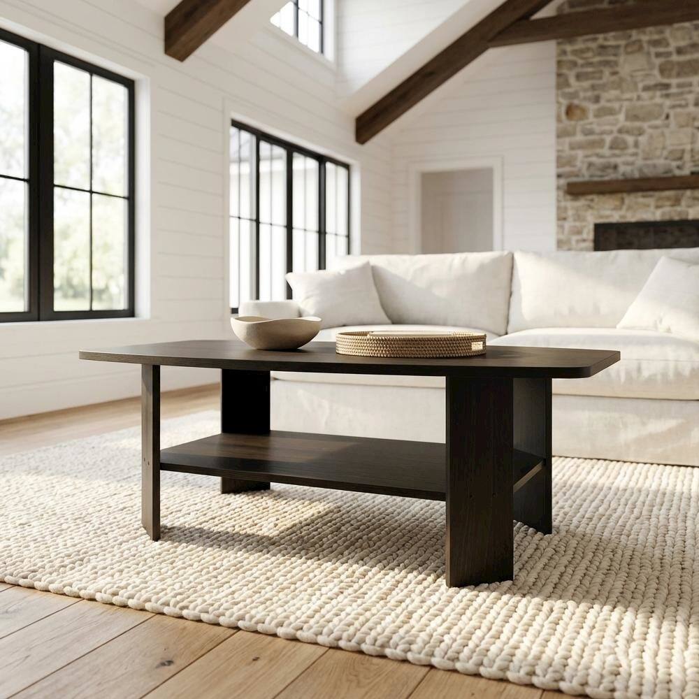 Angle. FurniFact - Espresso Coffee Table with Minimalist Design and Sturdy Wood Construction - Espresso.