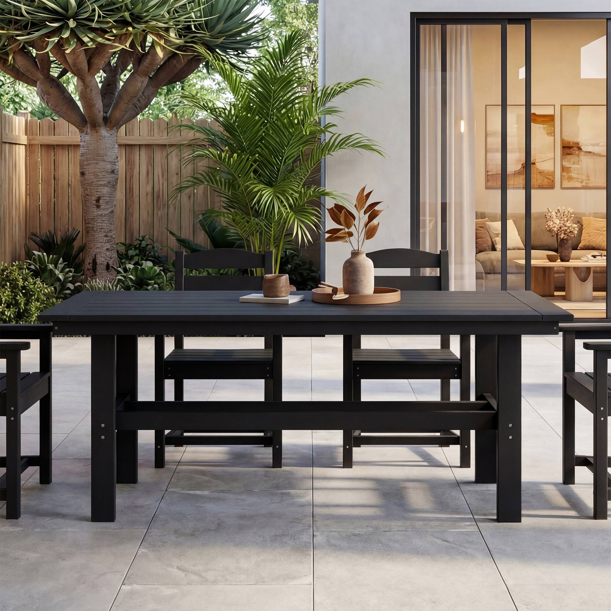 Left. Famapy - HDPE Outdoor Dining Table with Umbrella Hole & Cap-Solid Panel Patio Table for 8 People Weatherproof & Low Maintenance - Black.