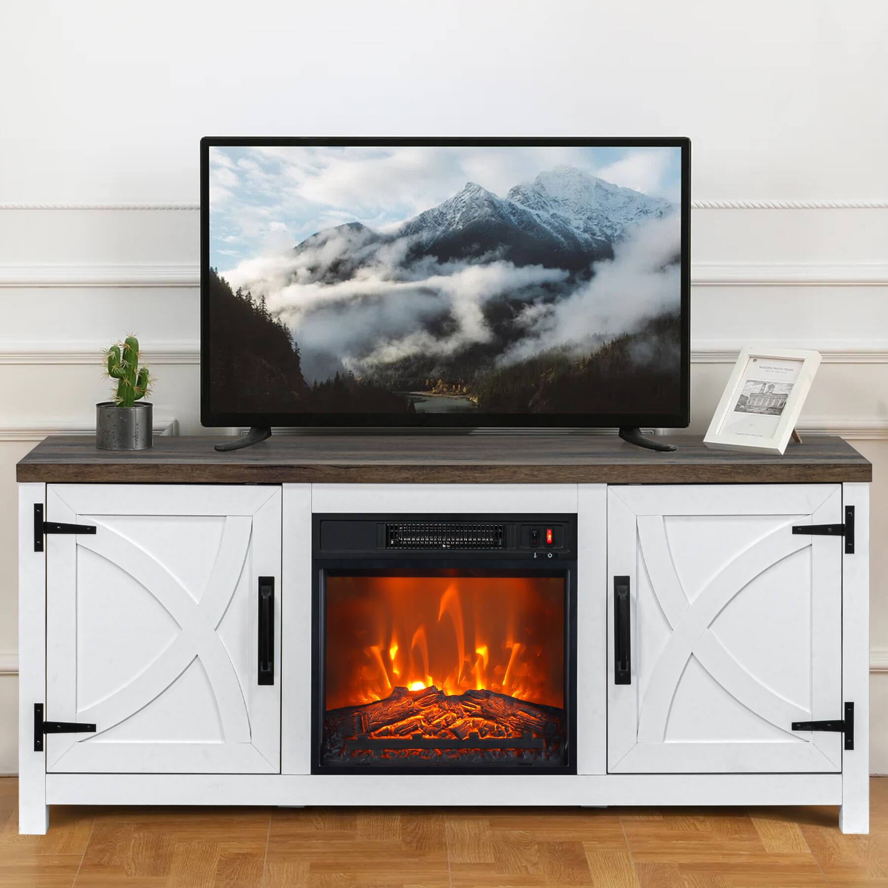 Left. Ihomeadore - 58" Farmhouse TV Stand for TV up to 65" with Electric Fireplace - White.