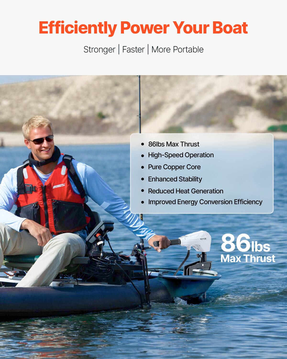 Efficiently Power Your Boat  
Stronger | Faster | More Portable  

- 86lbs Max Thrust  
- High-Speed Operation  
- Pure Copper Core  
- Enhanced Stability  
- Reduced Heat Generation  
- Improved Energy Conversion Efficiency  

86lbs Max Thrust