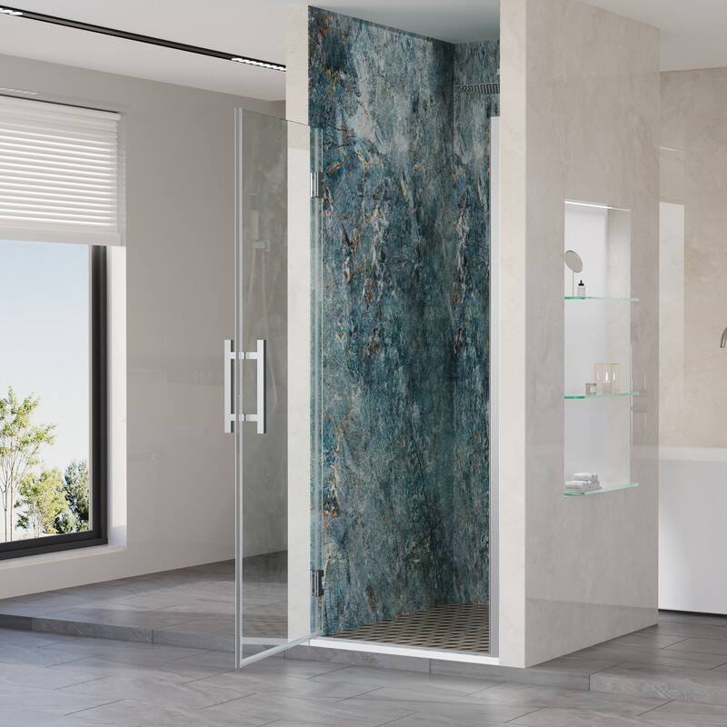 Left. WELLFOR - 29–30 in. W x 72 in. H Frameless Hinged Shower Door with 3/8" Clear Tempered Glass, Reversible Opening - Chrome.