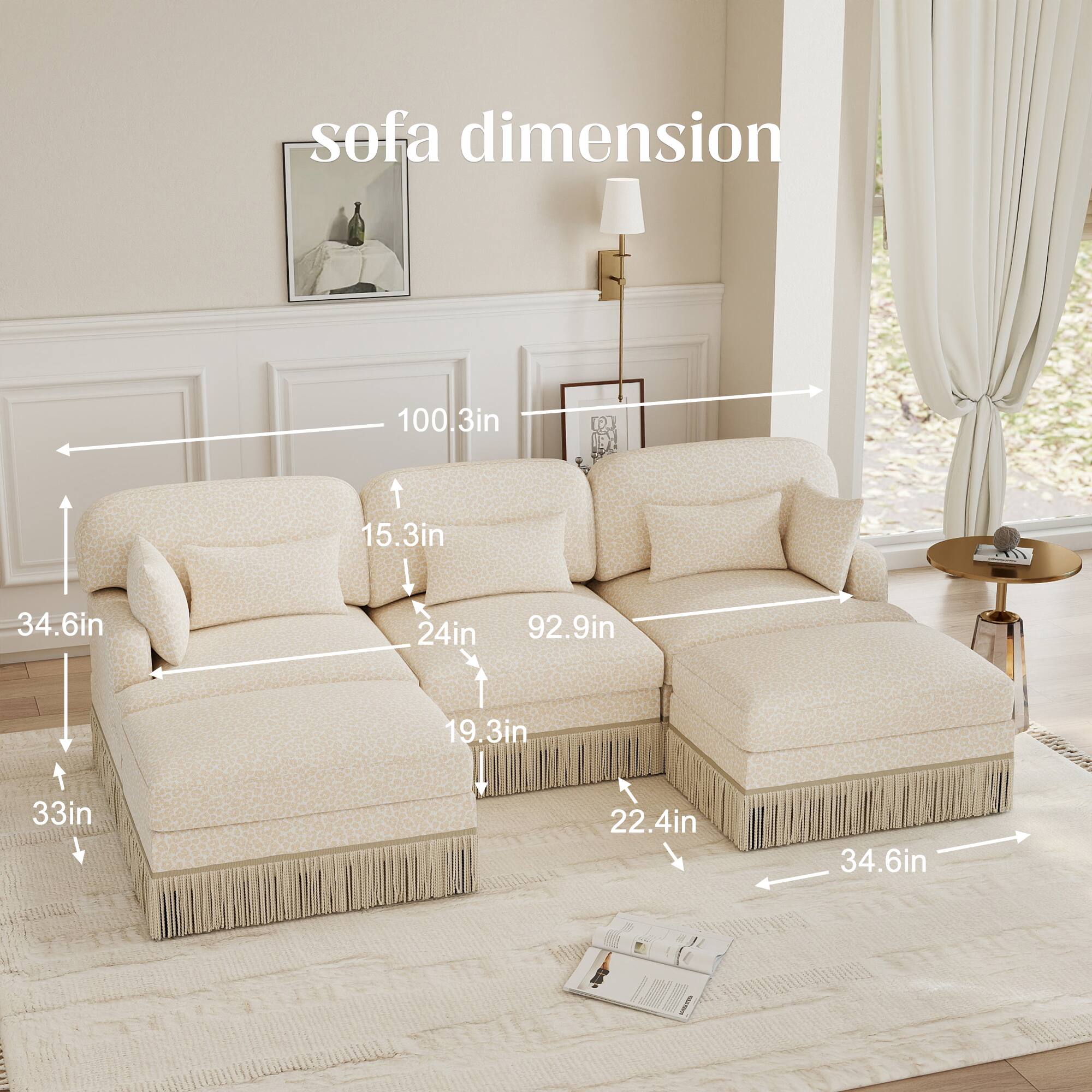 sofa dimension  
100.3in x 34.6in x 33in x 15.3in x 24in x 19.3in x 92.9in x 22.4in x 34.6in