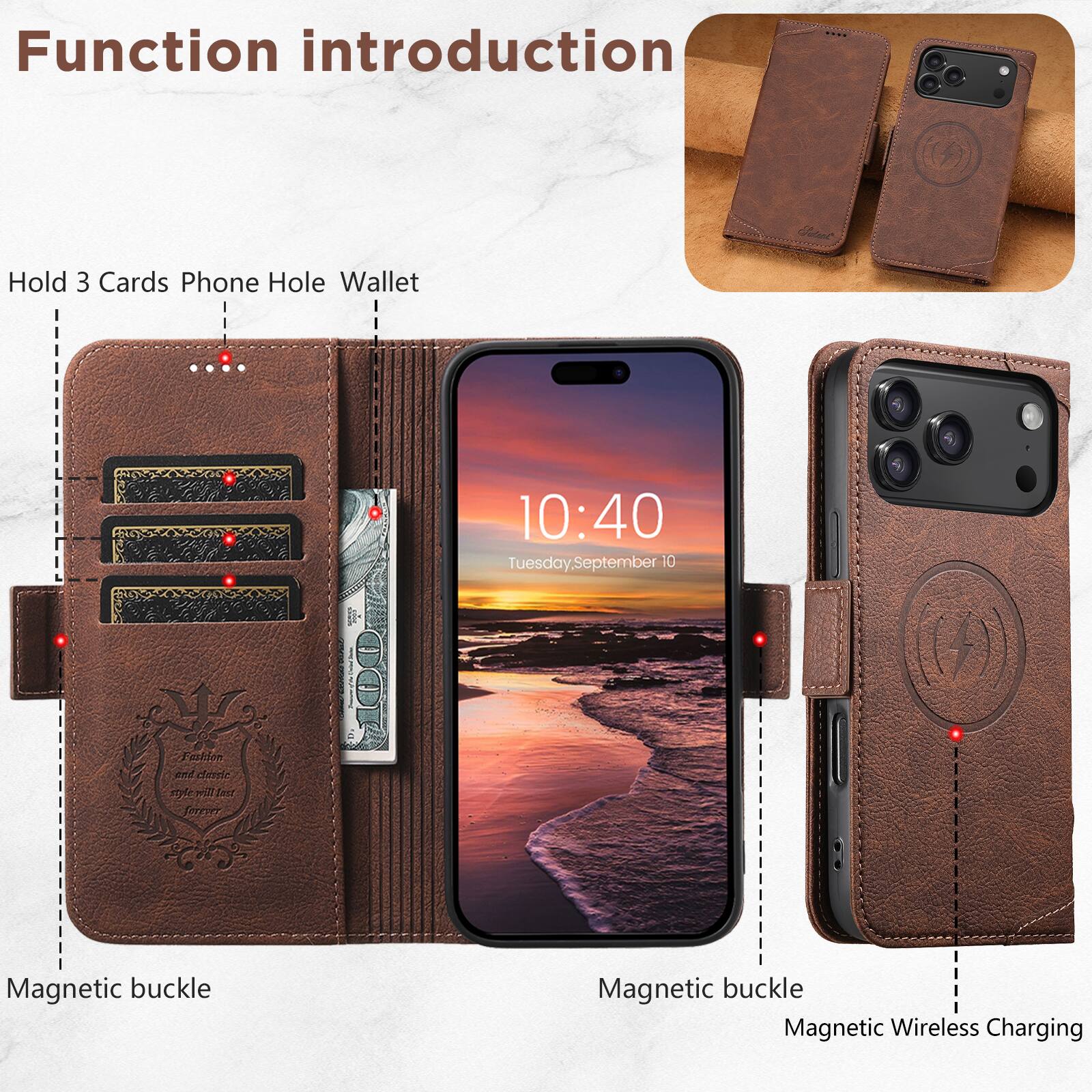 Function introduction

Hold 3 Cards Phone Hole Wallet

Magnetic buckle

Magnetic Wireless Charging