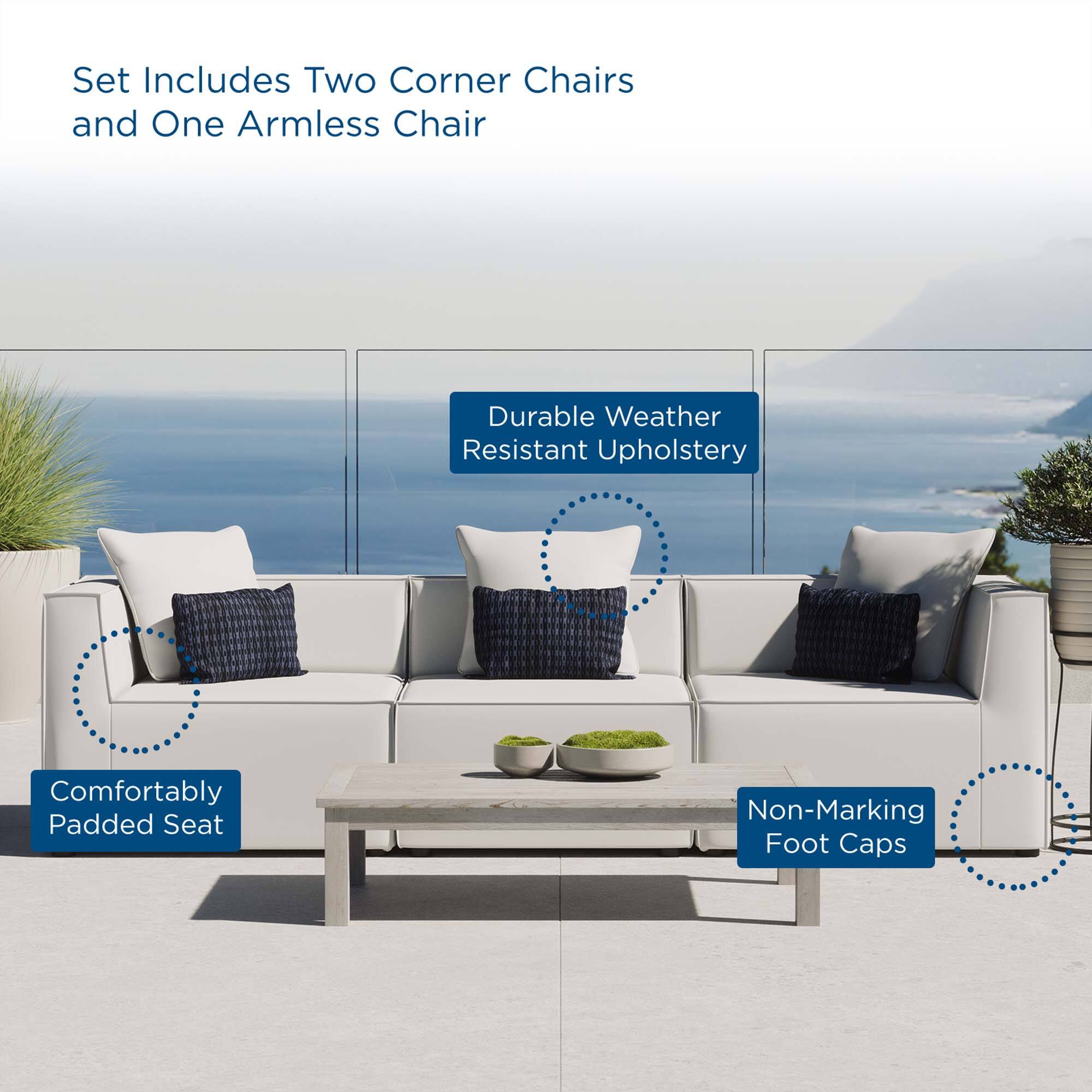 Set Includes Two Corner Chairs and One Armless Chair

- Durable Weather Resistant Upholstery
- Comfortably Padded Seat
- Non-Marking Foot Caps