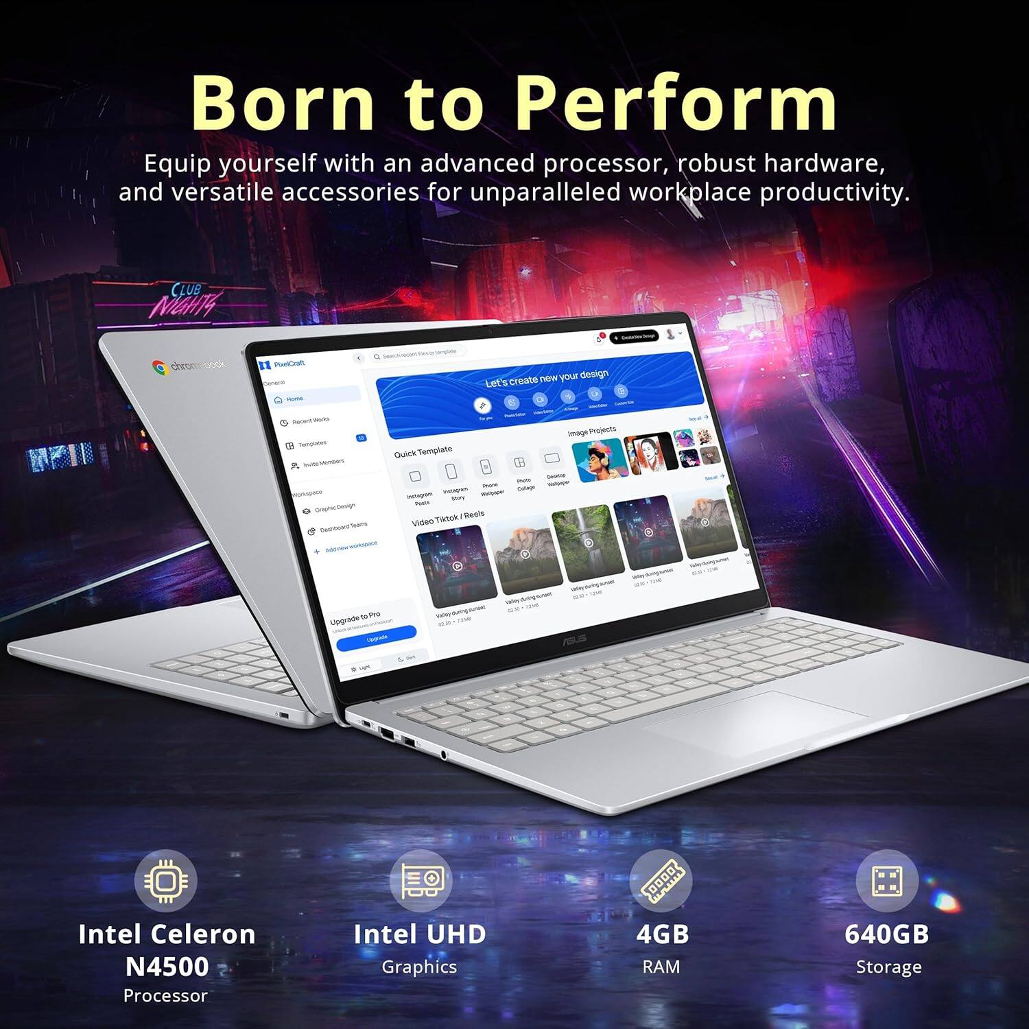 Born to Perform

Equip yourself with an advanced processor, robust hardware, and versatile accessories for unparalleled workplace productivity.

Intel Celeron N4500 Processor  
Intel UHD Graphics  
4GB RAM  
640GB Storage