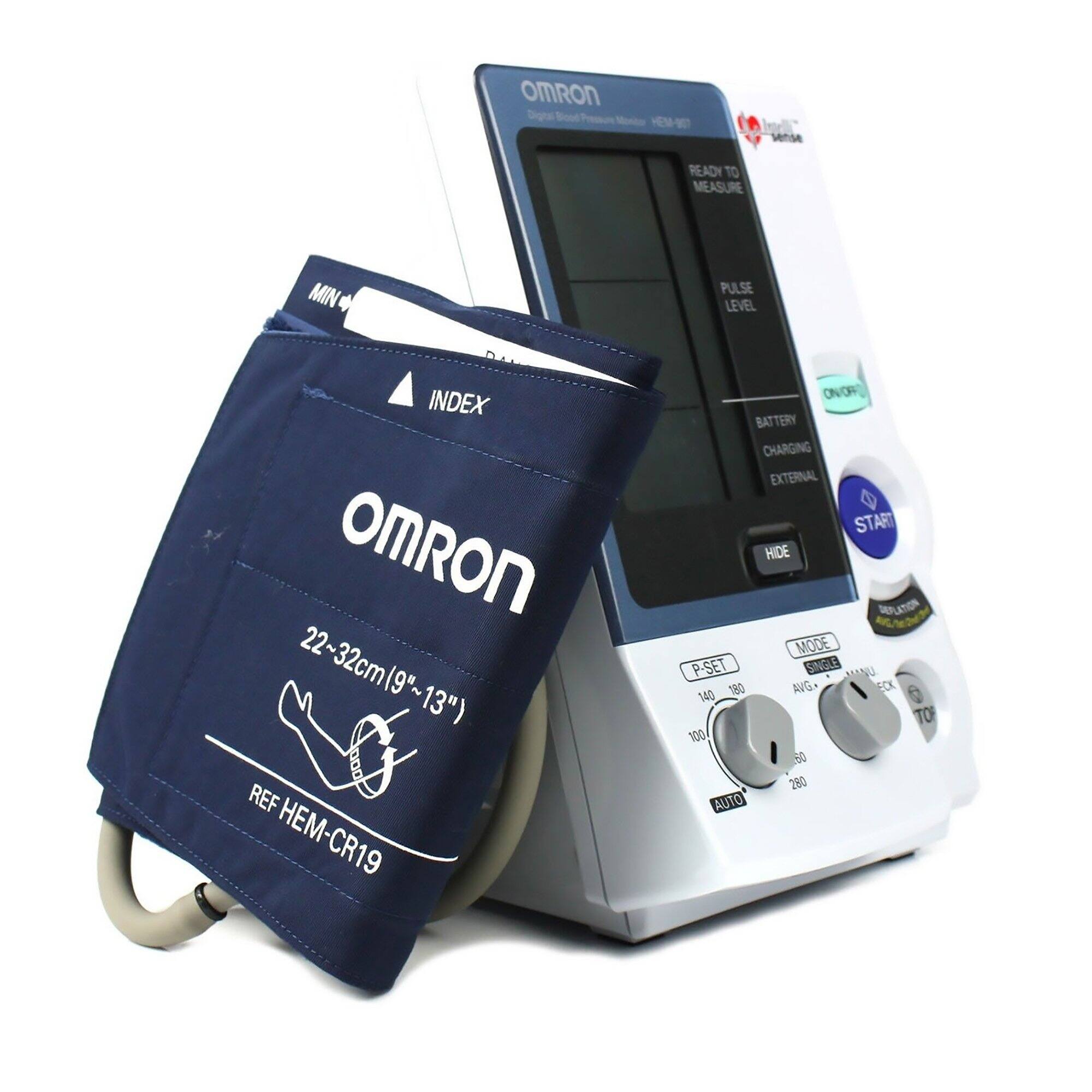 OMRON Sighsl HEM-0 vense READY TO MEASURE MIN PULSE LEVEL INDEX OMRON 22~32cm(9"~13") 22~32cm (9" 13") 000 REF HEM-CR19 ONOF BATTERY CHARGING EXTERNAL START HIDE MODE P-SET SNGLE MN 180 AVG. ECK 140 TO 100 50 280 AUTO
