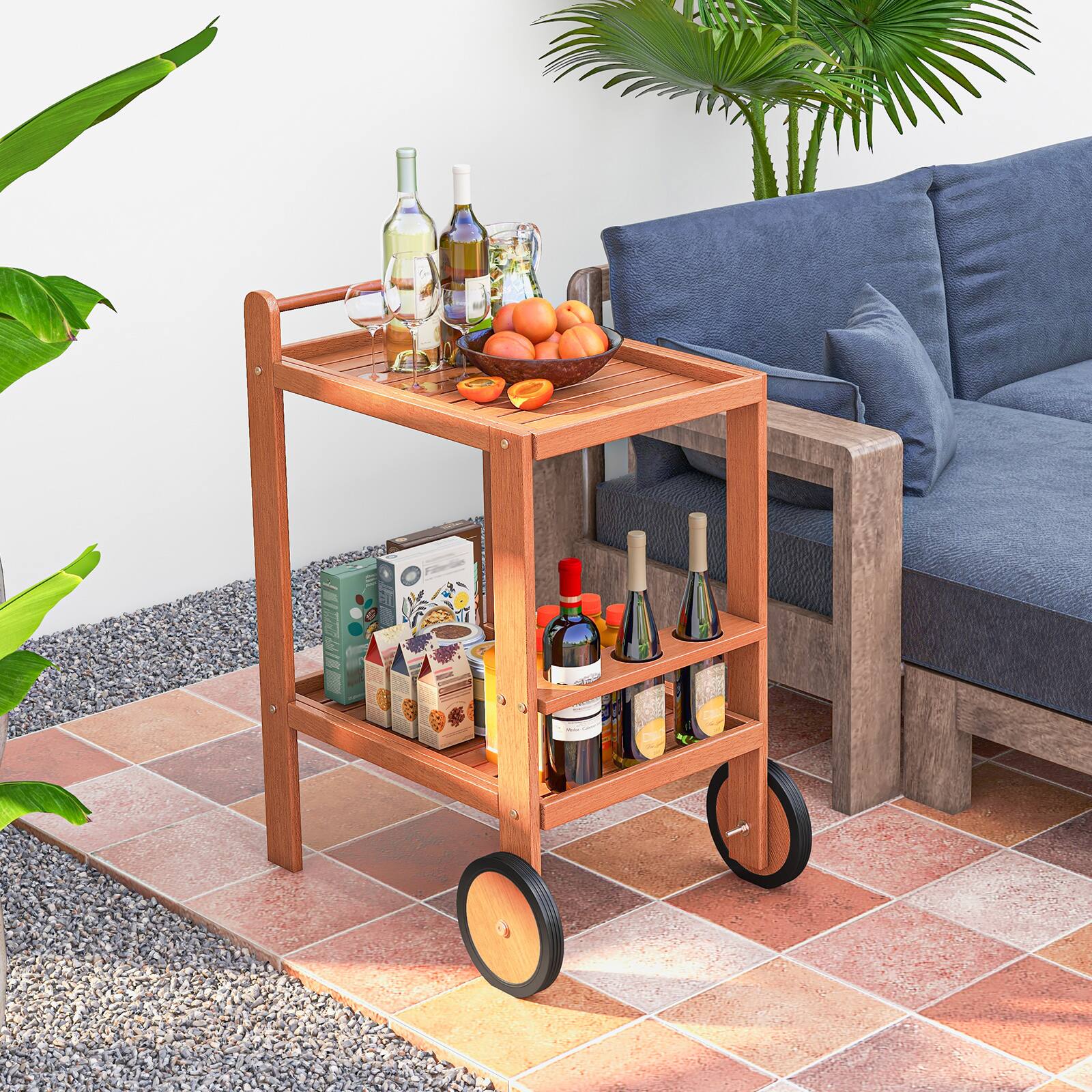 Alt View 3. Gymax - Gymax Wood Bar Cart 2 Tier Bar Trolley w/ Large Rubber Wheels & Wine Bottle Rack - Natural.