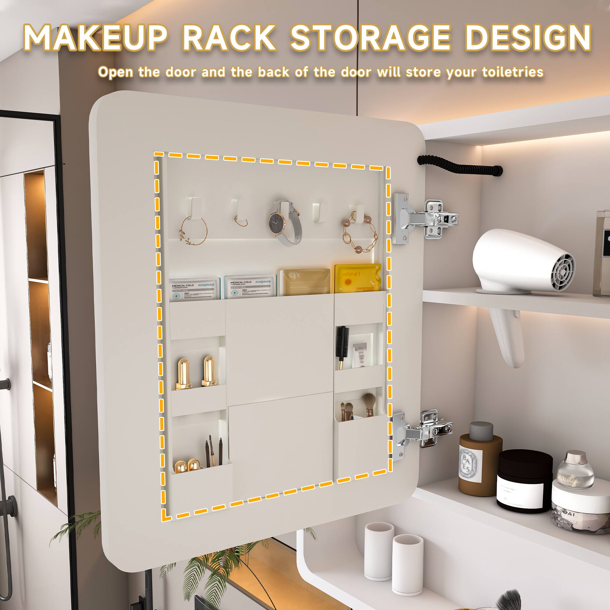 MAKEUP RACK STORAGE DESIGN

Open the door and the back of the door will store your toiletries