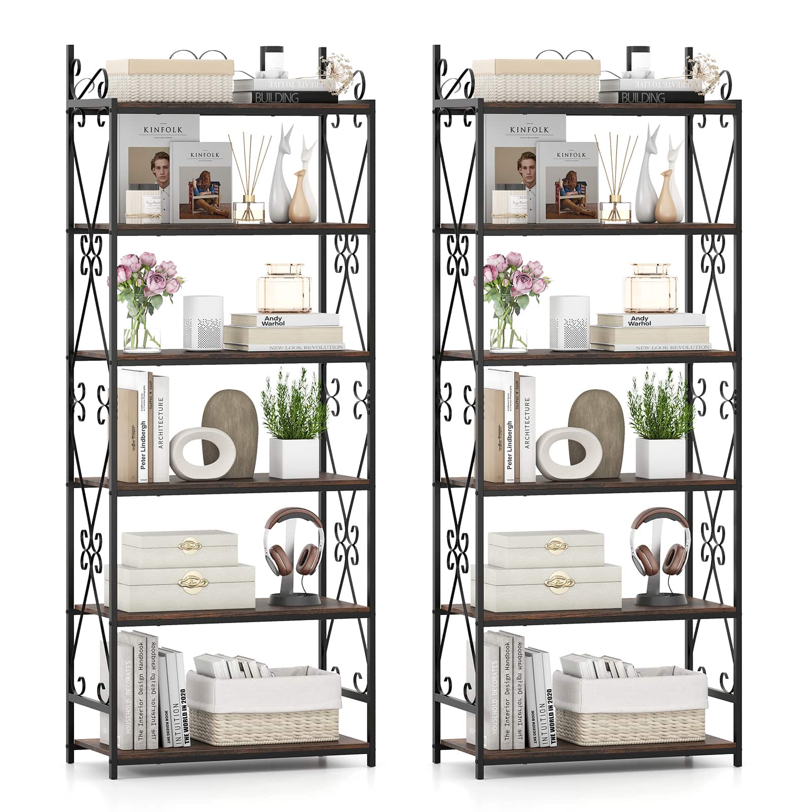 Gymax - 2PCS 6-Tier Bookshelf 71.5'' Industrial Tall Bookcase w/ Open Shelves for Study - Black