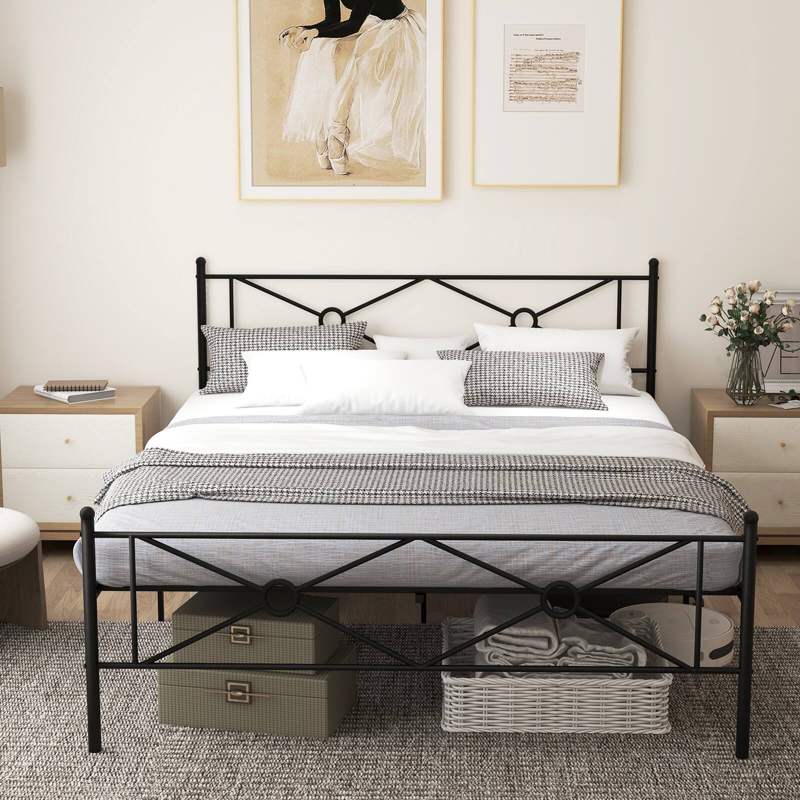 Alt View 2. Costway - Costway Queen Size Metal Platform Bed Frame w/ Headboard Mattress Foundation - Black.