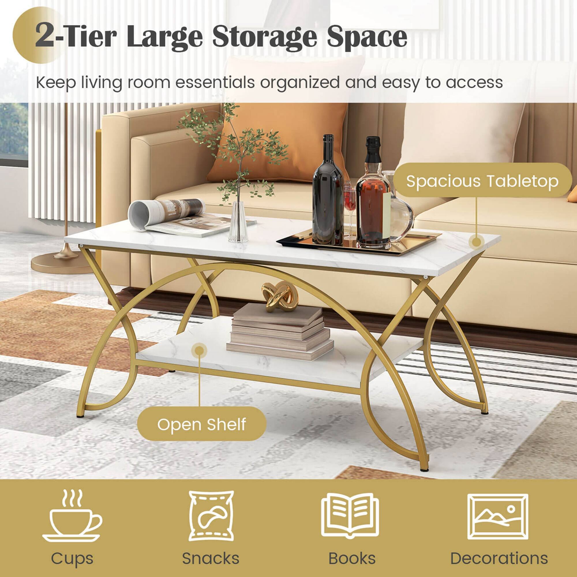 2-Tier Large Storage Space Keep living room essentials organized and easy to access Spacious Tabletop Open Shelf Cups Snacks Books Decorations