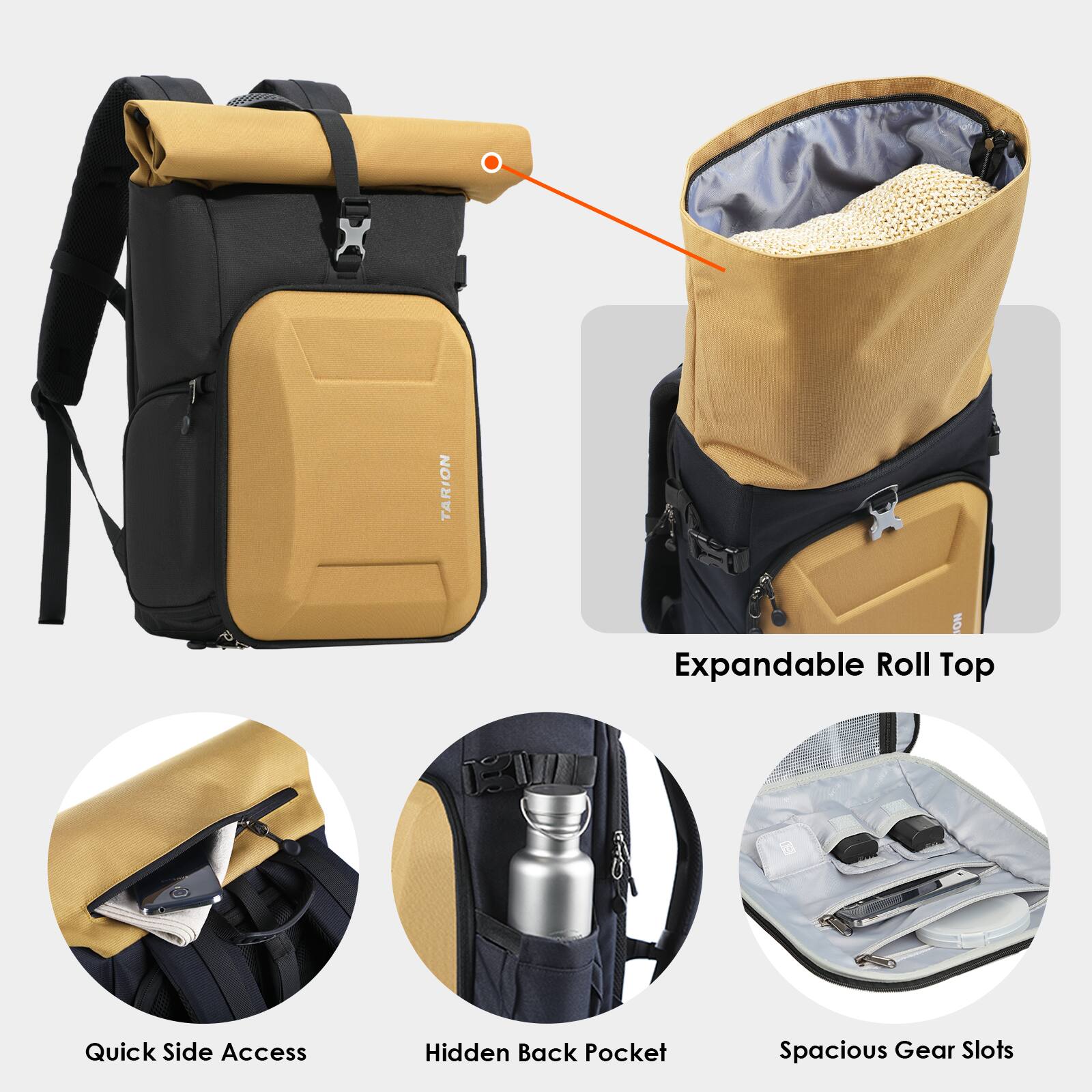 TARION NO Expandable Roll Top BU Quick Side Access Hidden Back Pocket Spacious Gear Slots

- Expandable Roll Top
- Quick Side Access
- Hidden Back Pocket
- Spacious Gear Slots