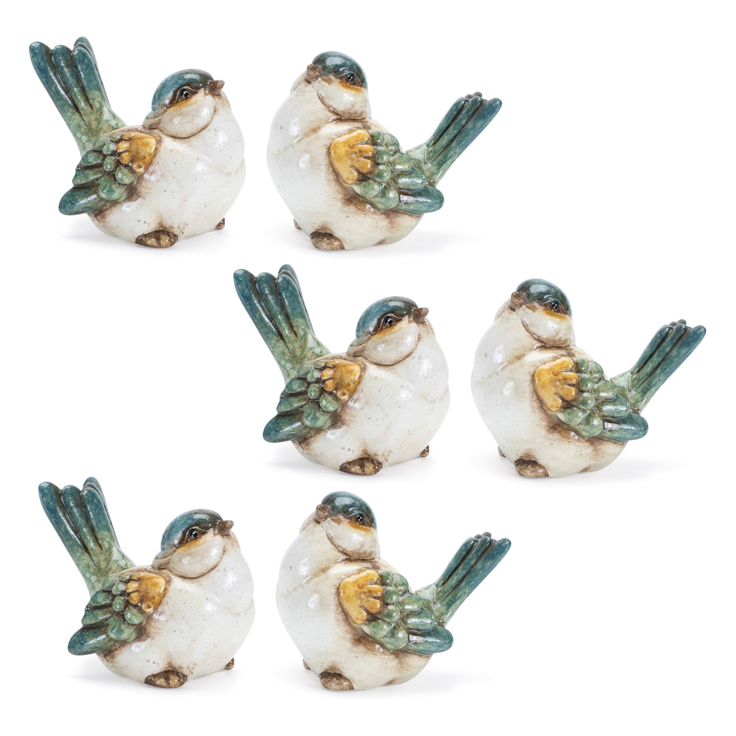 Alt View 2. BreeBe - Terra Cotta Bird Figurine (Set of 6) - Blue, Beige.