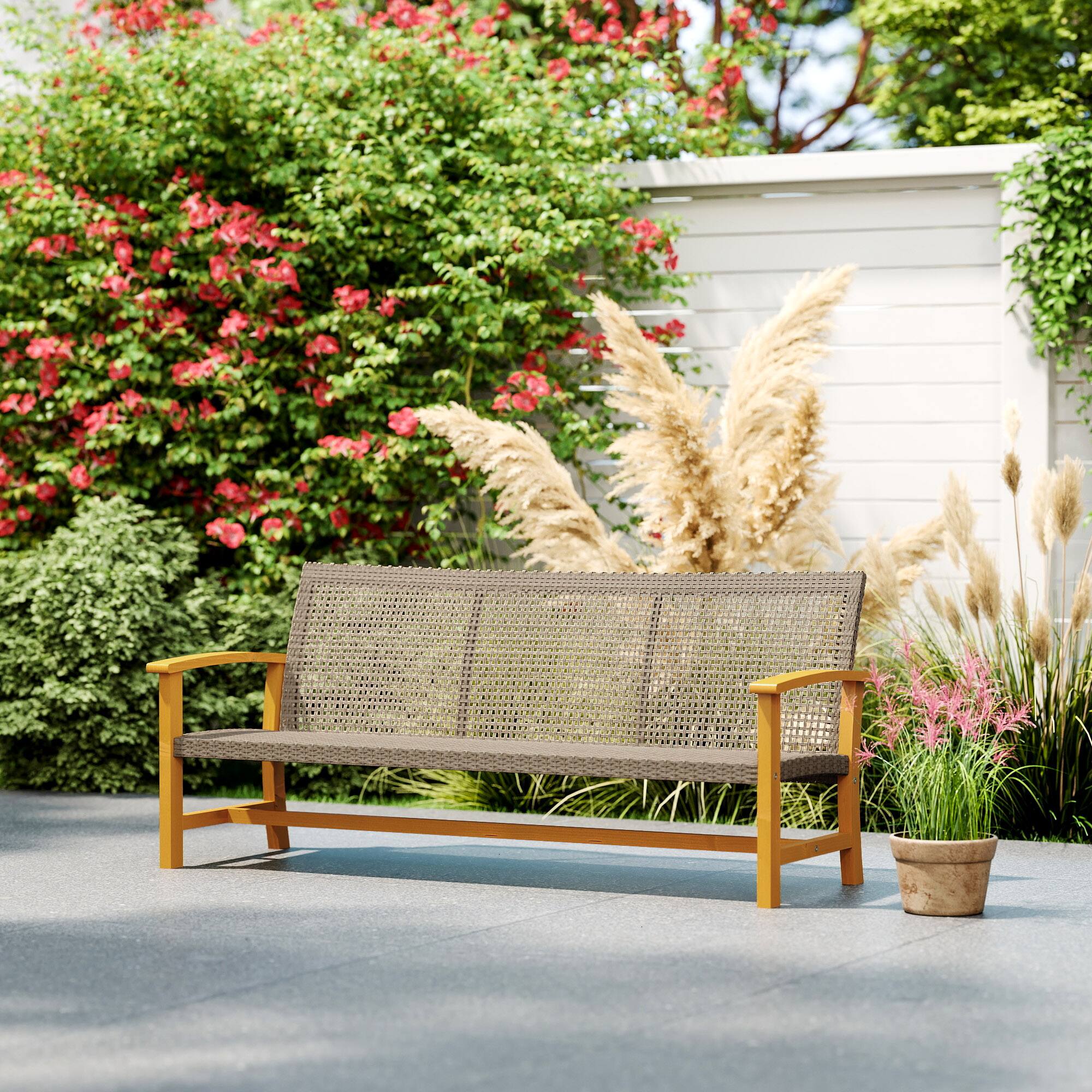 Alt View 1. Outsunny - Wicker Outdoor Couch Patio Sofa, Acacia Wood Patio Furniture with Steel Seat Armrests - Teak.