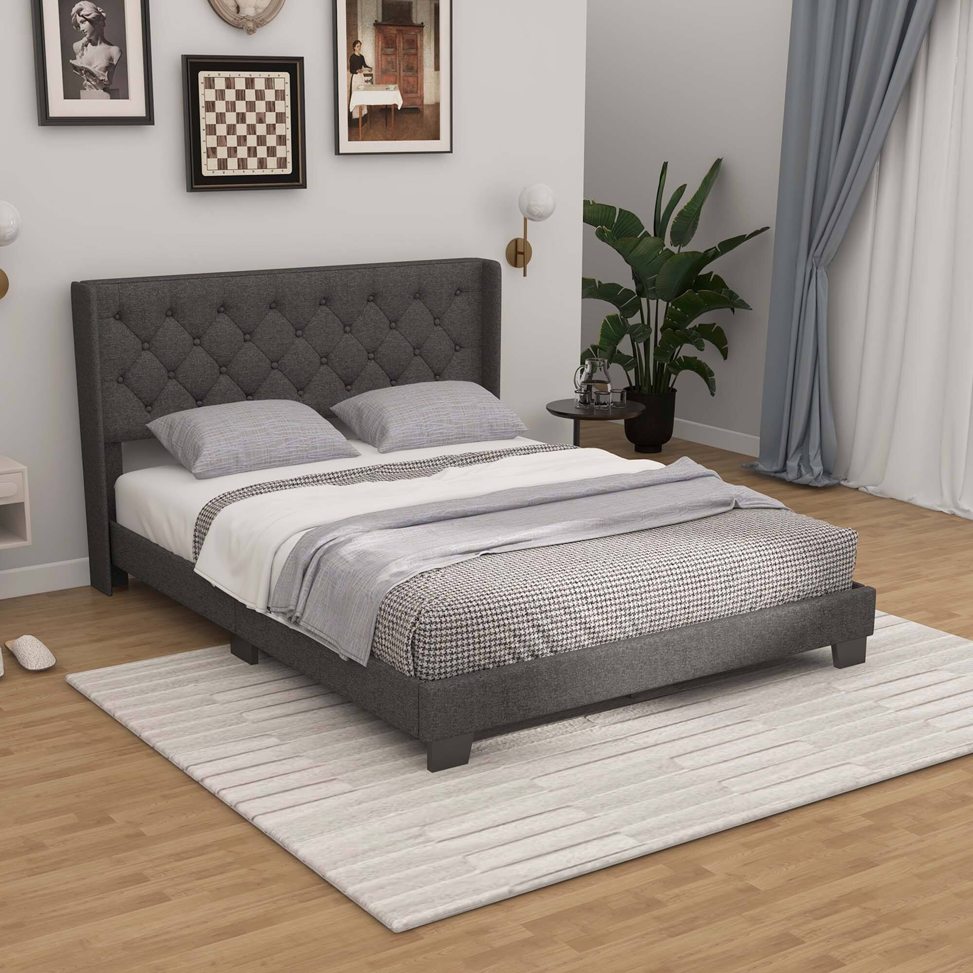 Alt View 2. Costway - Costway Queen Size Upholstered Platform Bed Tufted Headboard Mattress Foundation - Grey.
