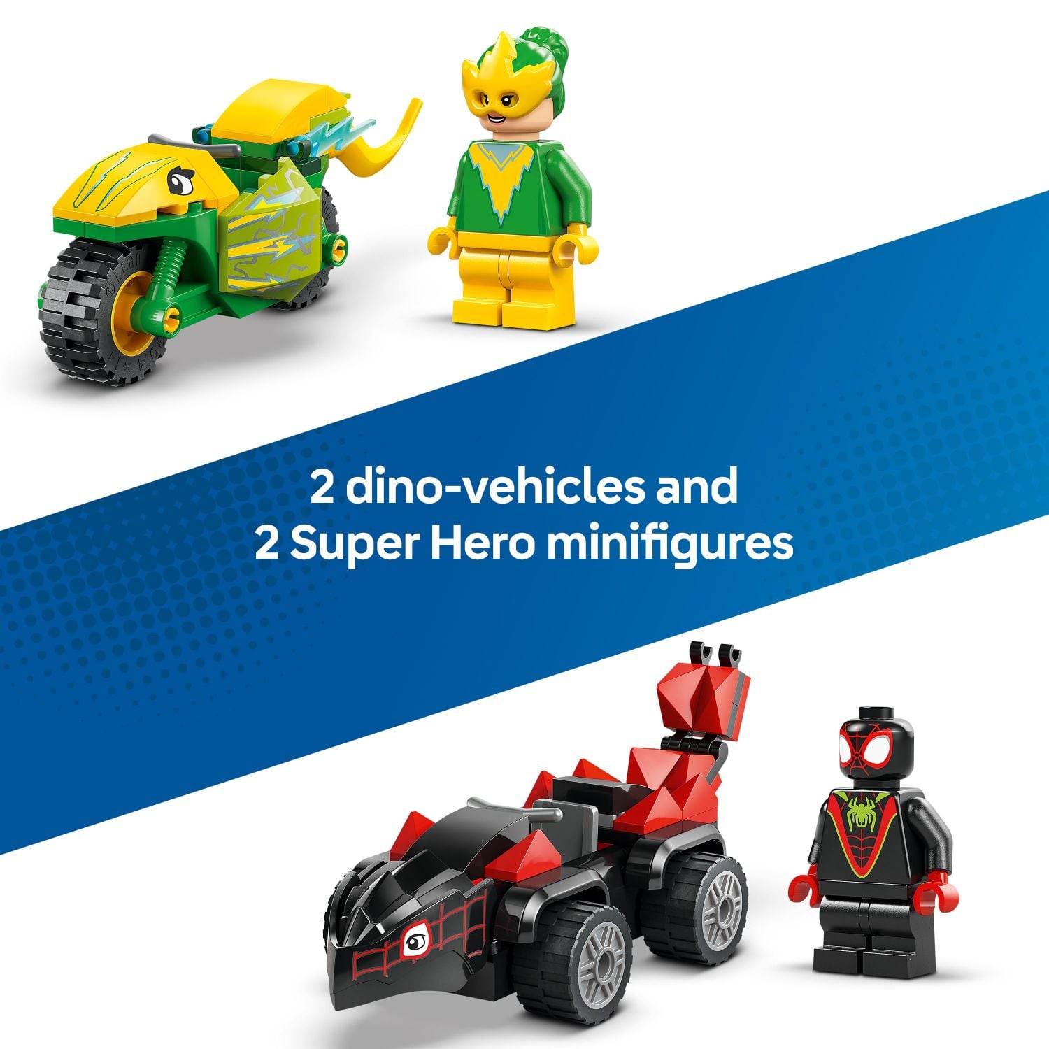 2 dino-vehicles and 2 super hero minifigures.