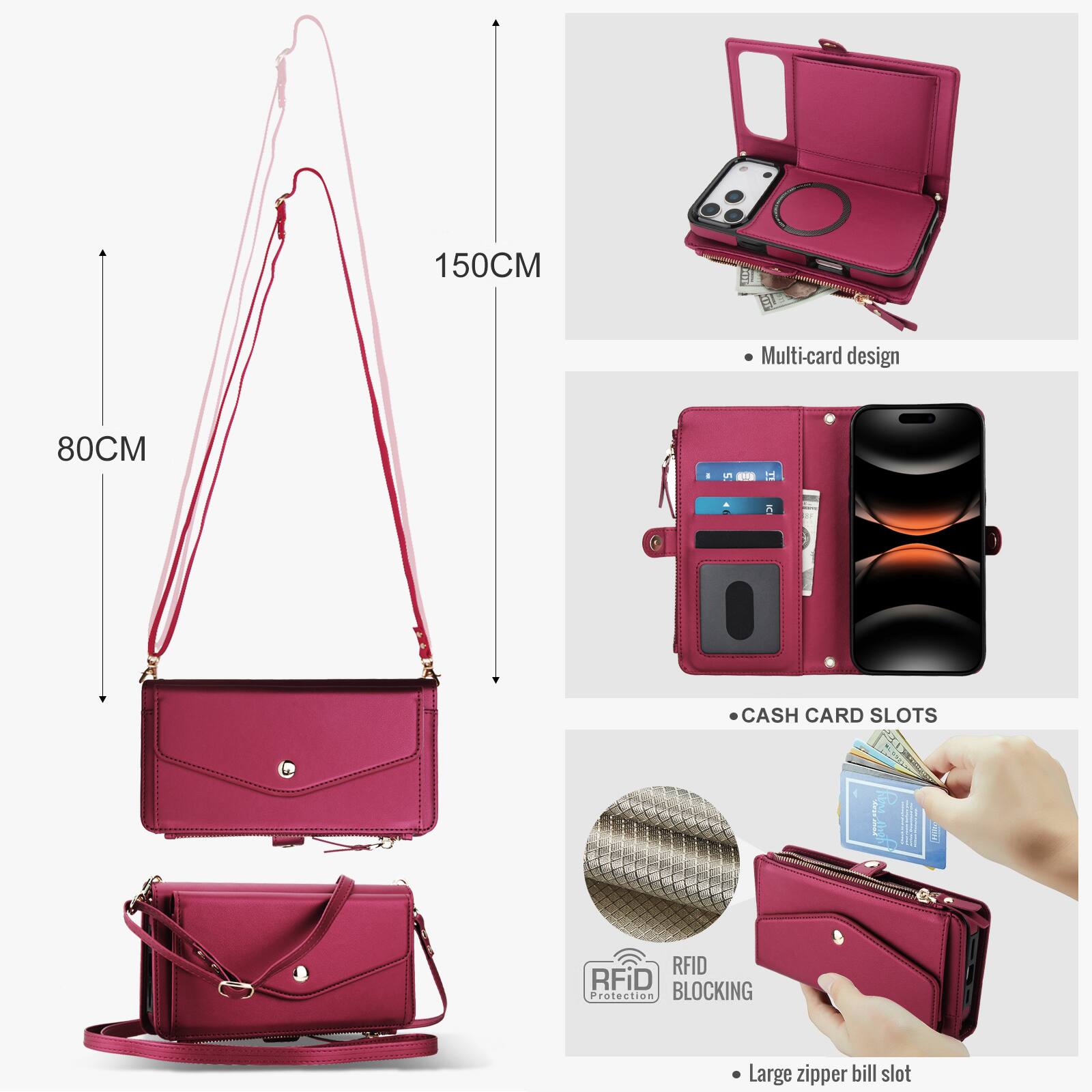 150CM Multi-card design  
80CM  
CASH CARD SLOTS  
RFID BLOCKING  
Large zipper bill slot