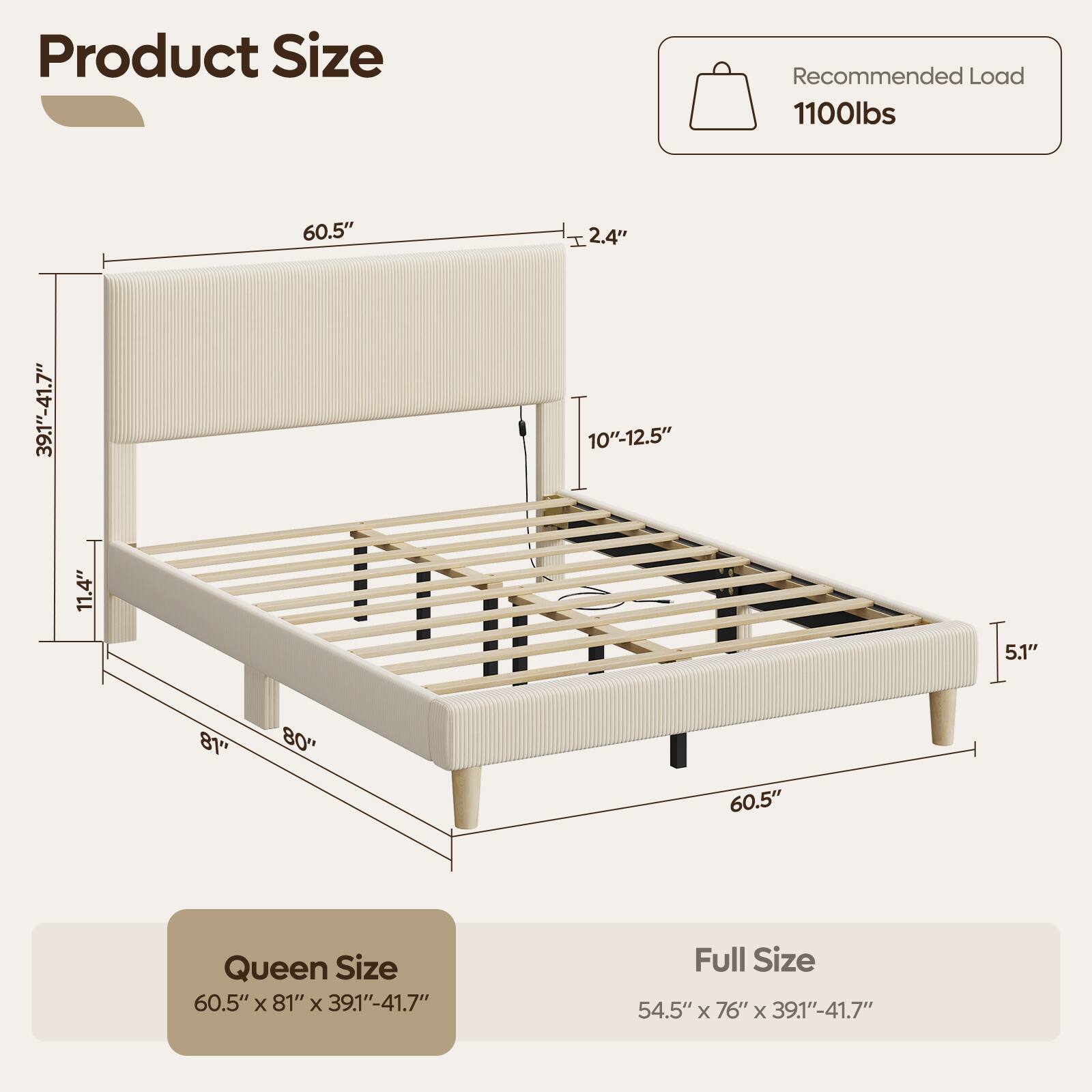 Product Size: 60.5" x 81" x 39.1"-41.7", Full Size: 54.5" x 76" x 39.1"-41.7", Recommended Load: 1100lbs, 60.5", 2.4", 10"-12.5", 11.4", 5.1", 81"