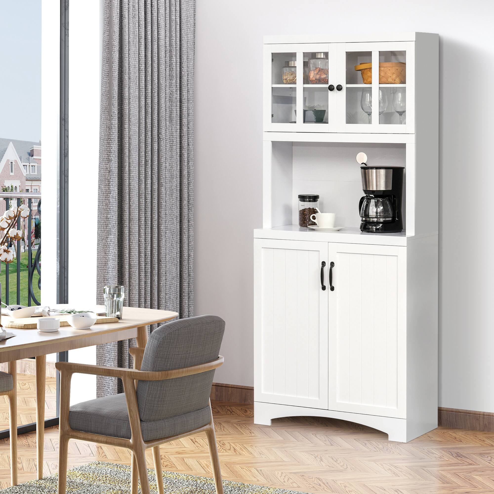 Alt View 3. Homcom - Kitchen Hutch, 70" Pantry Cabinet with Glass Framed Door, Storage Cabinet with Adjustable Shelves and Microwave Space - white.