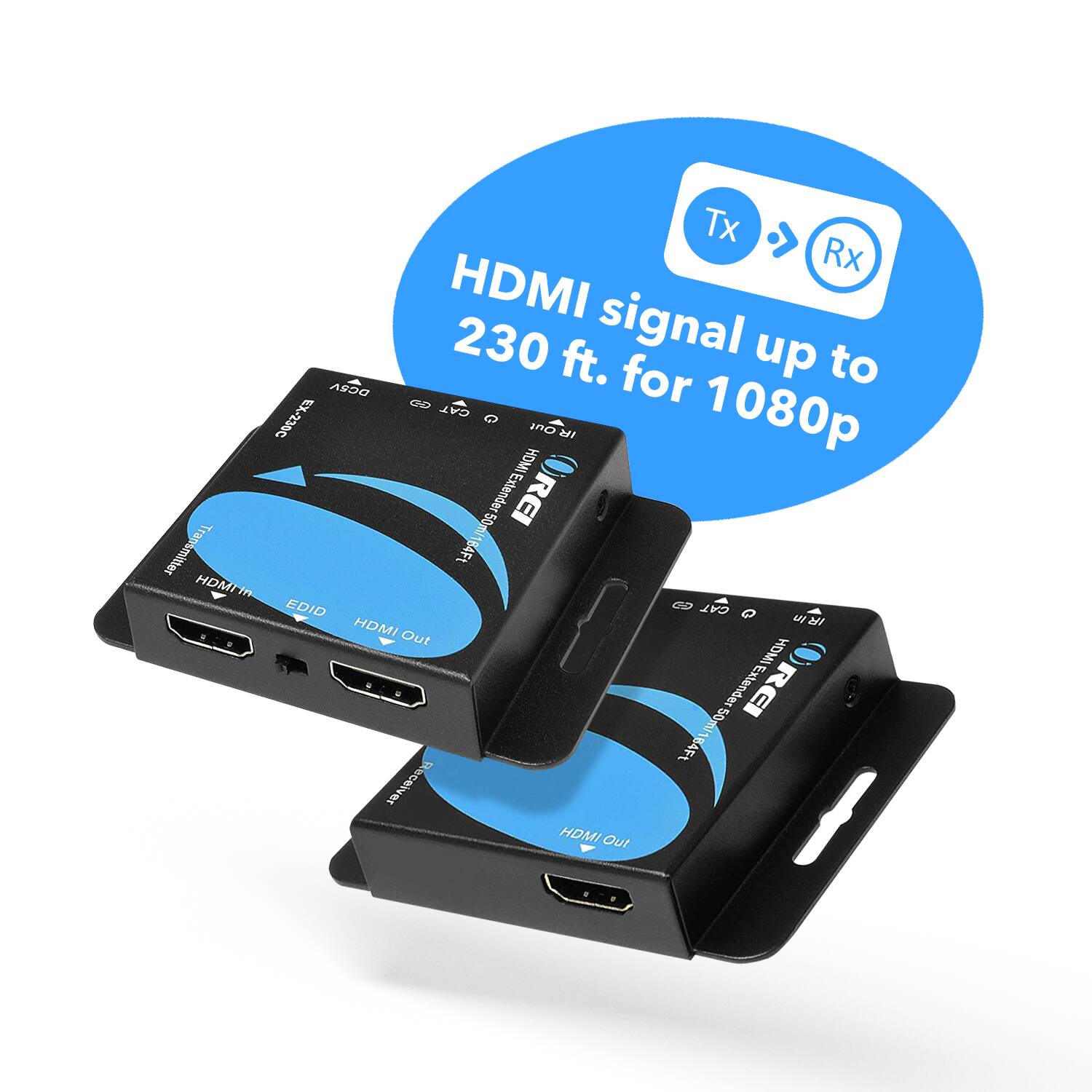 The text in the image is: "HDMI signal up to 230 ft. for 1080p."