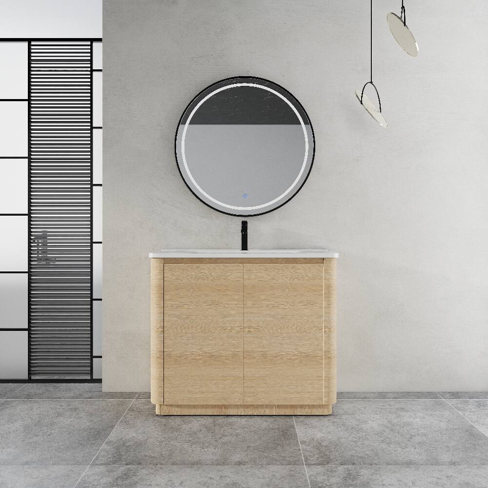 Front. Loheer - Loheer 40 inch freestanding bathroom vanity with white ceramic sink, American White Oak - American White Oak.