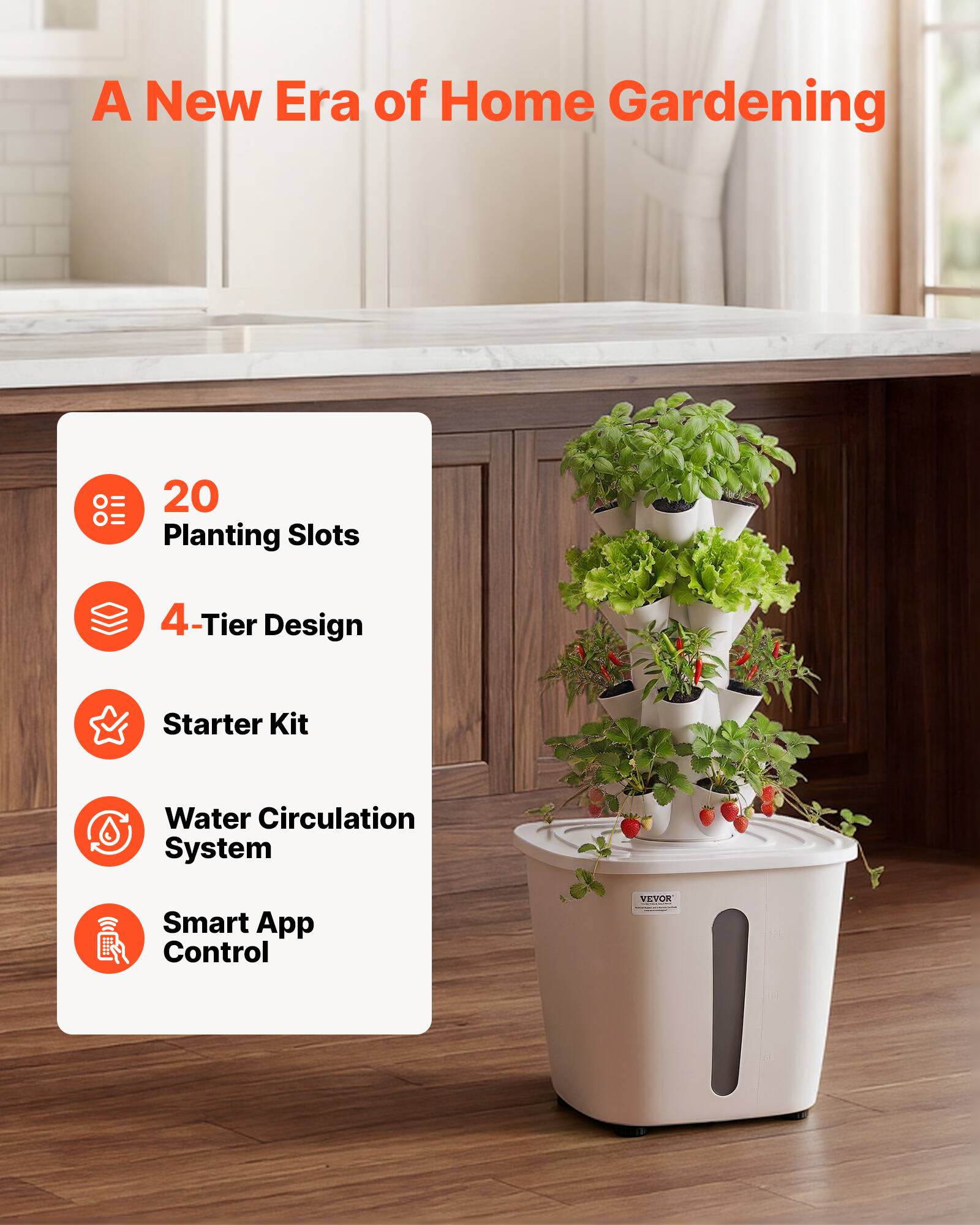 A New Era of Home Gardening

- 20 Planting Slots
- 4-Tier Design
- Starter Kit
- Water Circulation System
- Smart App Control

VEVOR