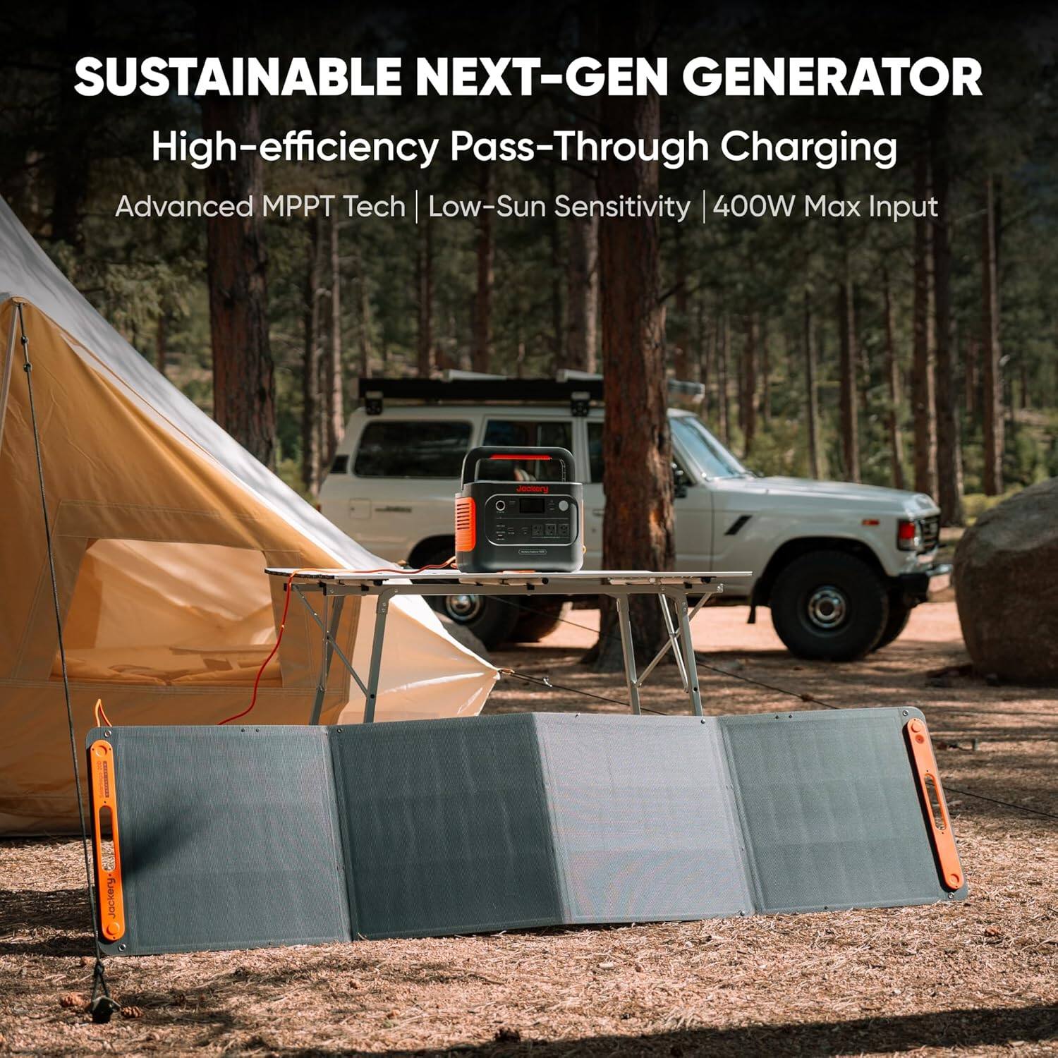 SUSTAINABLE NEXT-GEN GENERATOR  
High-efficiency Pass-Through Charging  
Advanced MPPT Tech | Low-Sun Sensitivity | 400W Max Input  
Jackery