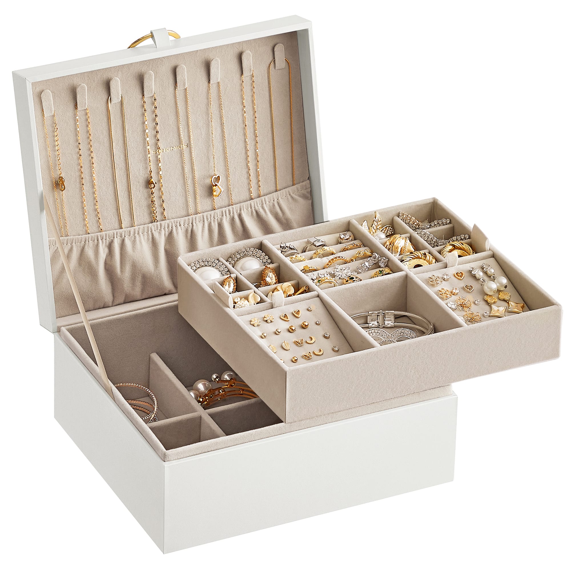 Songmics Home - 2-Layer Jewelry Box, Jewelry Organizer with Handle, Removable Jewelry Tray, Jewelry Storage, Floating Effect - Cream White and Tan