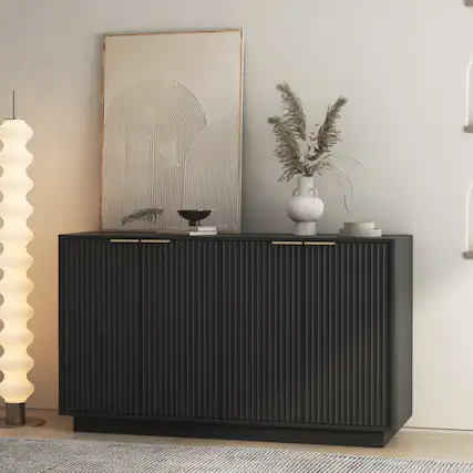 Front. Z-Edge - 55.1" Buffet Cabinet with Storage, Fluted Sideboard Buffet Cabinet with Adjustable Shelves and 4 Doors for Living Room - Black.