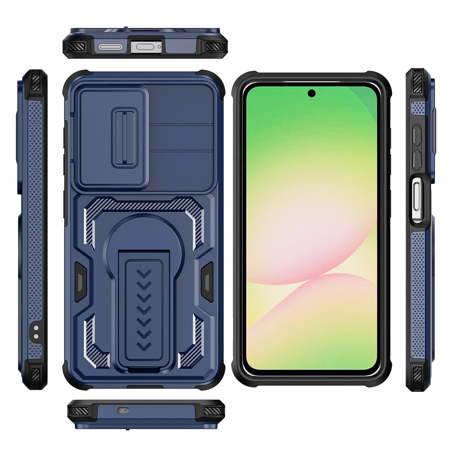 Alt View 4. Dteck - Rugged Stand Case for Samsung Galaxy S26,Shockproof Heavy Duty Cover With Sliding Lens Cover+Tempered Glass Flim - Blue.