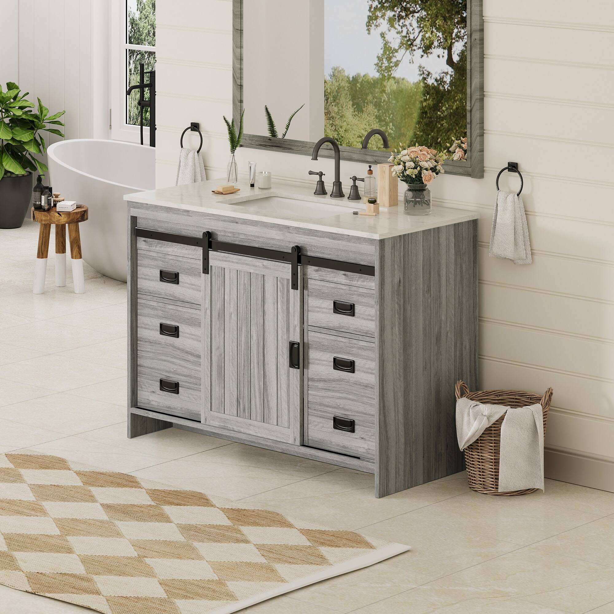 Alt View 6. U-HOMY - Farmhouse Bathroom Vanity with Ceramic Countertop, Sliding Barn Door and Storage Drawers for Organized Spaces - 48"- Grey.