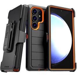 RomeTech - Defender Case for Samsung Galaxy S24 Ultra with Belt Clip, Kickstand, Dual-Layer, /Orange - Black
