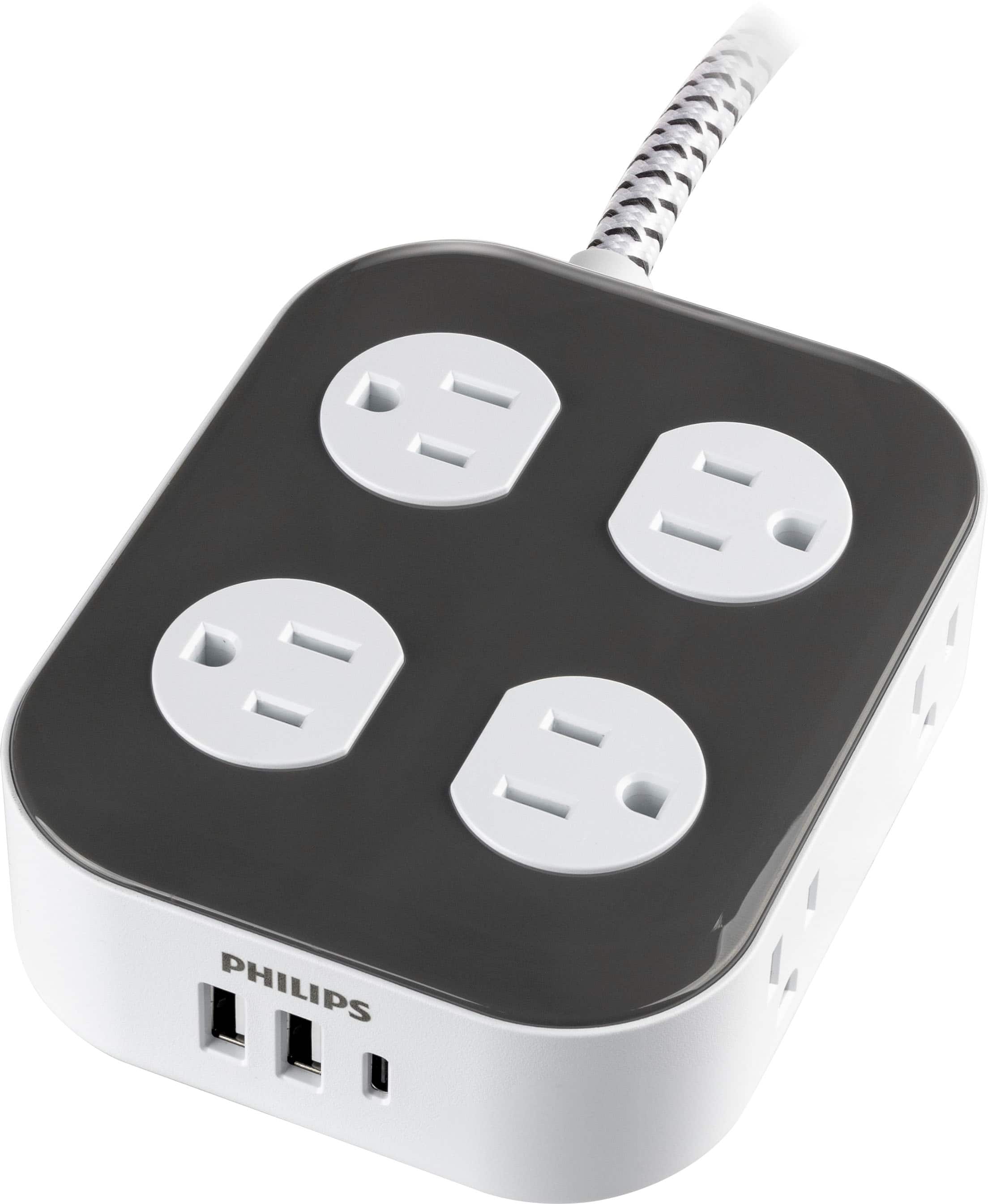 Alt View 1. Philips - Surge Protector, 8 Grounded Outlets, 2 USB-A, 1 USB-C, 2100J, Braided Cord, 4ft - Dark Gray & Arctic White.