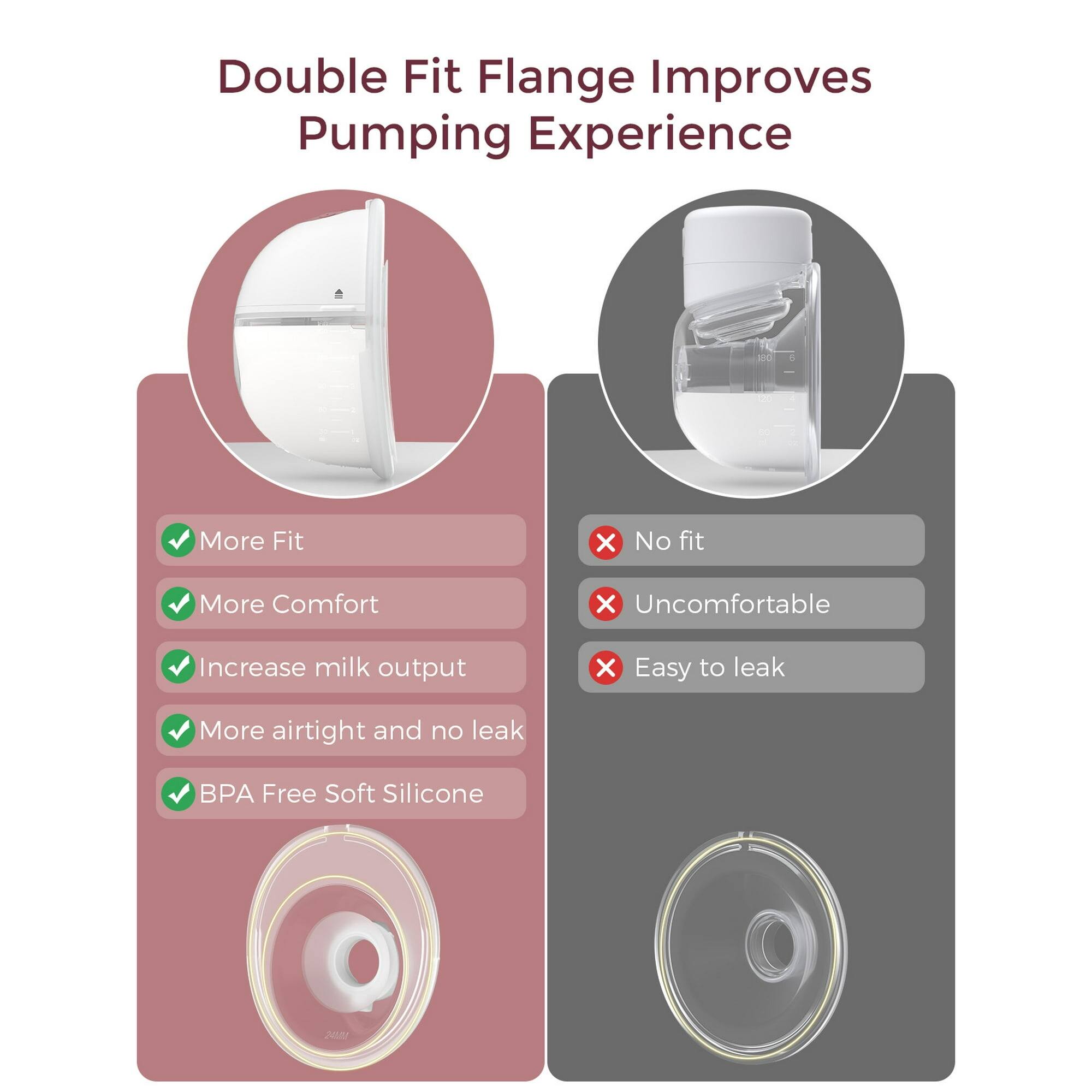 Double Fit Flange Improves Pumping Experience

- More Fit
- More Comfort
- Increase milk output
- More airtight and no leak
- BPA Free Soft Silicone

- No fit
- Uncomfortable
- Easy to leak