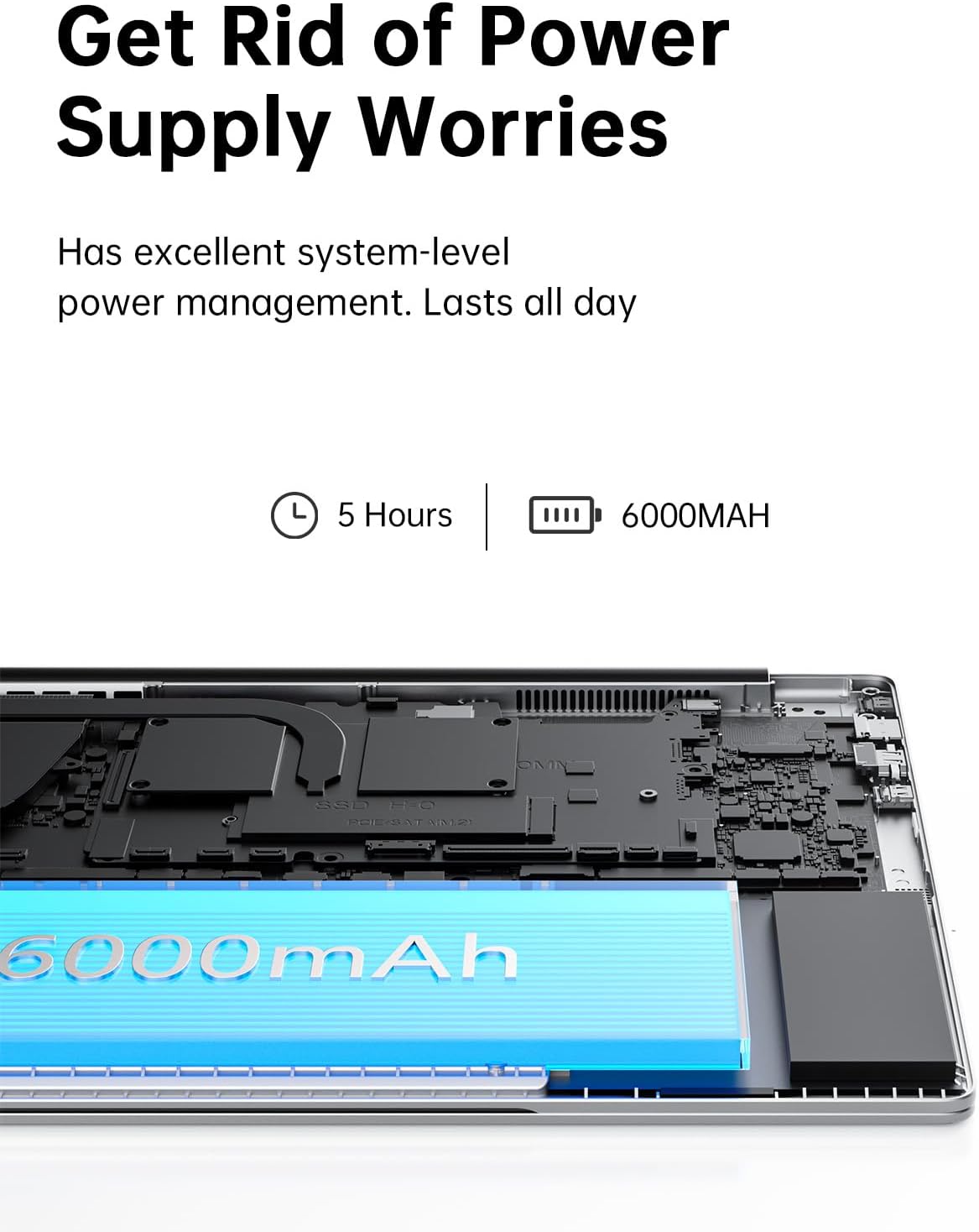 Get Rid of Power Supply Worries

Has excellent system-level power management. Lasts all day

5 Hours

6000MAH

6000mAh