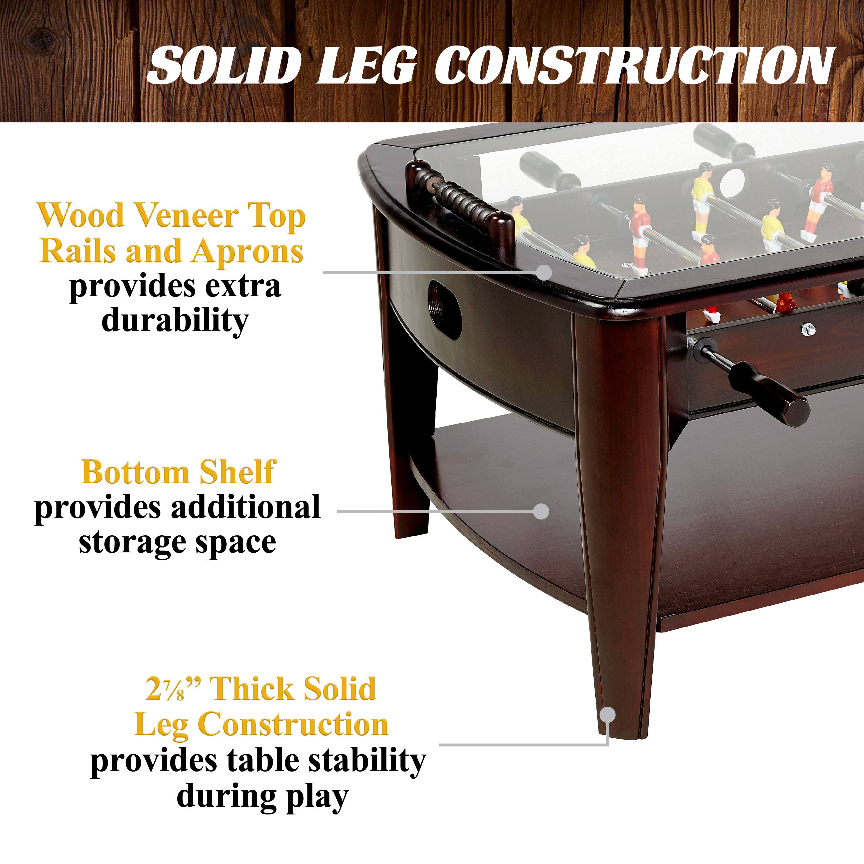 Solid Leg Construction: Wood Veneer Top Rails and Aprons provide extra durability. Bottom Shelf provides additional storage space. 2.75" Thick Solid Leg Construction provides table stability during play.